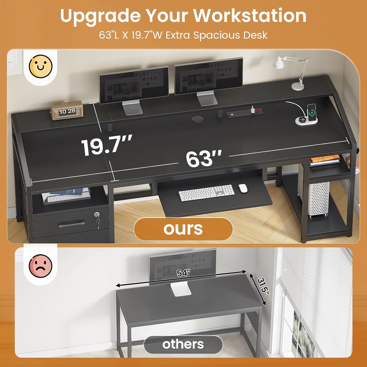 SEDETA 63" Computer Desk, Office Desk with Lockable Drawers for Legal/Letter File, Gaming Desk with LED Lights & Power Outlet, Home Office Desks with Storage, Black