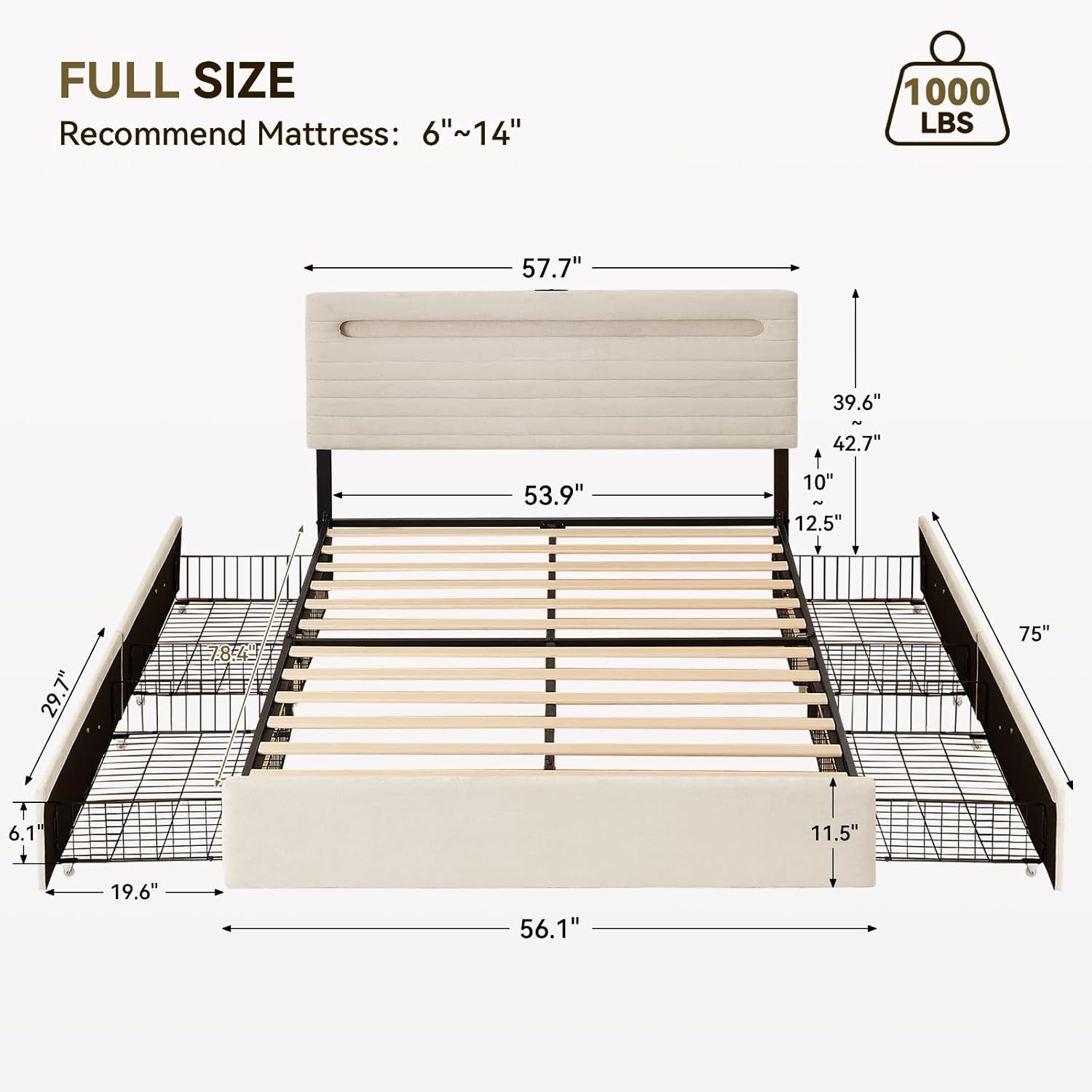 Chenille Upholstered Full Size Bed Frame with 4 Storage Drawers, Platform Bed Frame with Headboard, Charging Station and LED Lights, Easy Assembly，No Box Spring Needed, Beige