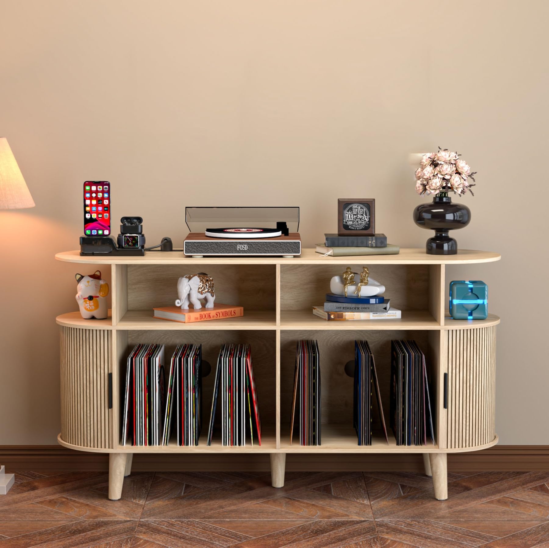 Large Round Record Player Stand with Charging Station & USB Ports，Record Storage Cabinet, Mid Century Modern Turntable Stand for Bedroom Living Room (Small Brown)