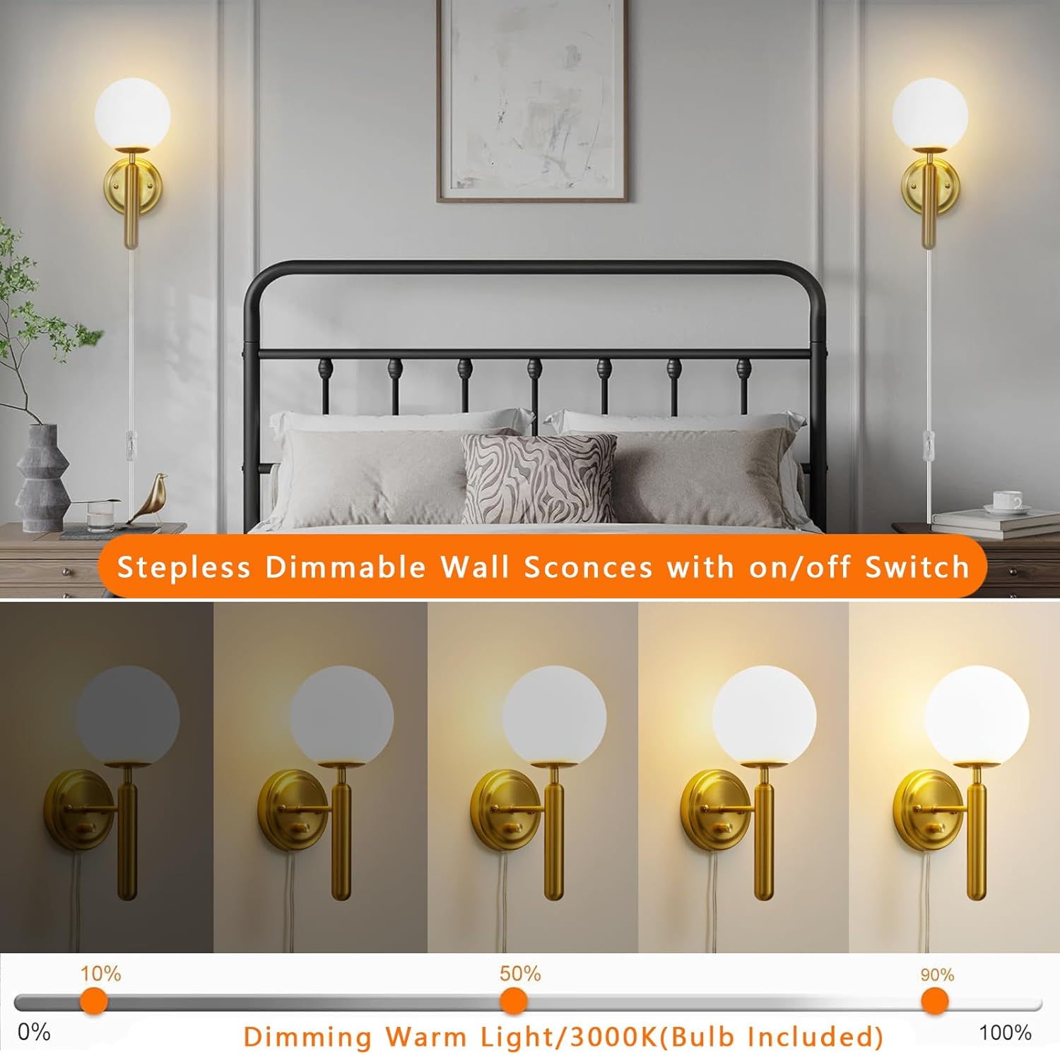 Dimmable Plug in Wall Sconces Set of 2 with Milky Glass Globe Shade, Gold Wall Light with Plug in Electric Cord Dimmer Knob Switch Mid Century Modern Vintage Wall Lamp for Bedroom Bedside Living Room