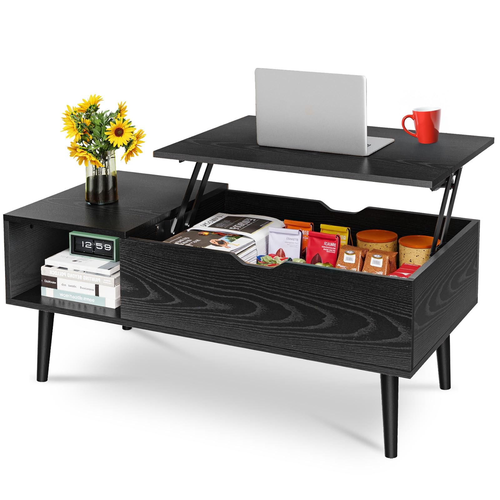 OLIXIS Wood Lift Top Coffee Table with Hidden Compartment and Large Storage Shelf, Lift Tabletop Dining Center Table for Home Living Room Office, Natural Wood