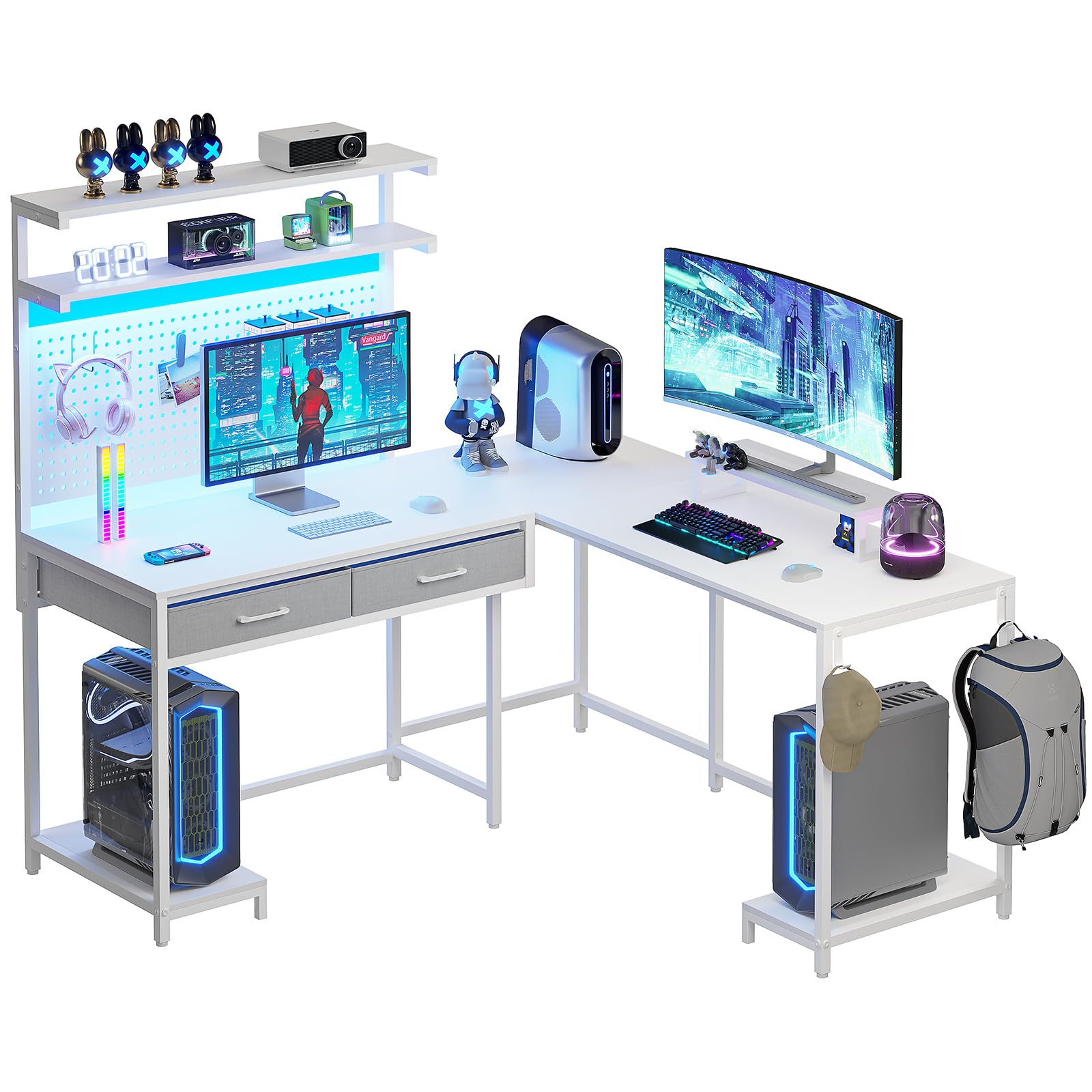 SEDETA L Shaped Gaming Desk with LED Lights, Pegboard and Drawers, Gaming Desk with Hutch, Computer Desk with Monitor Stand, Storage Shelves, Home Office Desk Corner Desk, Gaming Table, Black