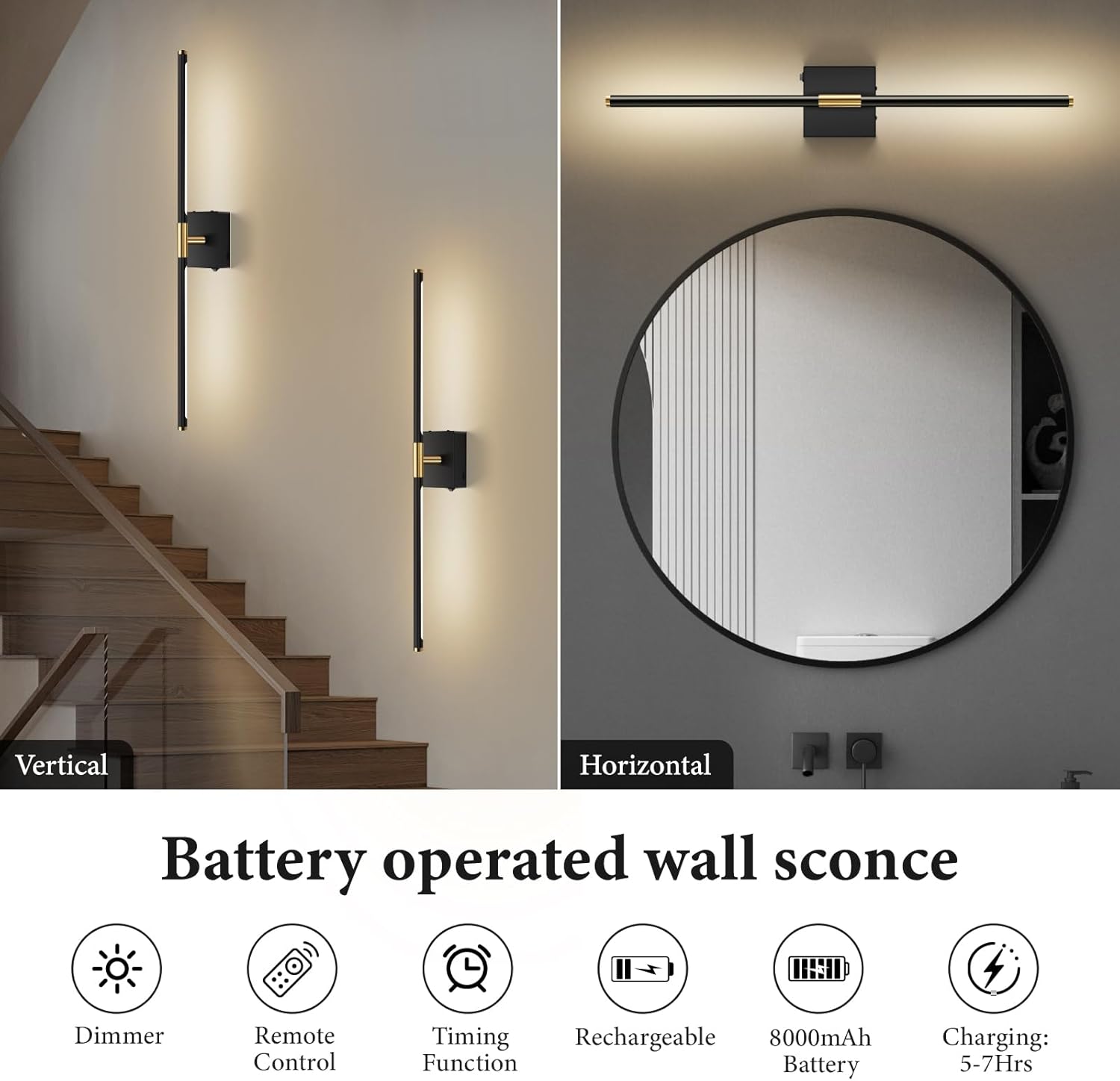 Wall Sconces Set of 2 Battery Operated, Wireless USB Rechargeable Wall Lights with Remote Control, 360° Rotation, 8000mAh LED Dimmable Picture Lamp for Living Room,Bedroom,Hallway (30in Black)