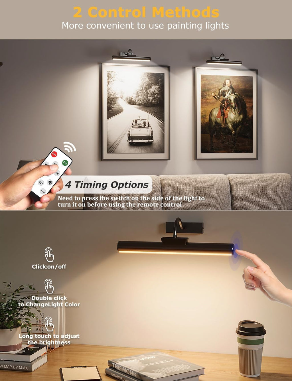 16in Wireless Picture Light with Remote, Battery Operated Picture Lights for Wall 5000mAh, 3 Color Modes and Dimmable LED Art Lighting with Timer for Painting, Frame, Gallery, Bedroom (Black-2Pack)
