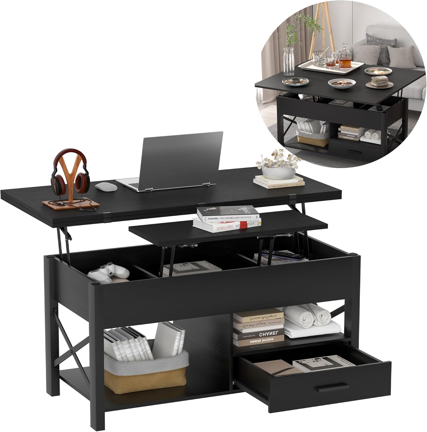 Lift Top Coffee Table with Storage, Convertible Coffee Table Converts to Dining Table, Farmhouse Coffee Tables with Lifting Top, Center Table for Living Room with Drawer and Hidden Compartment, Black