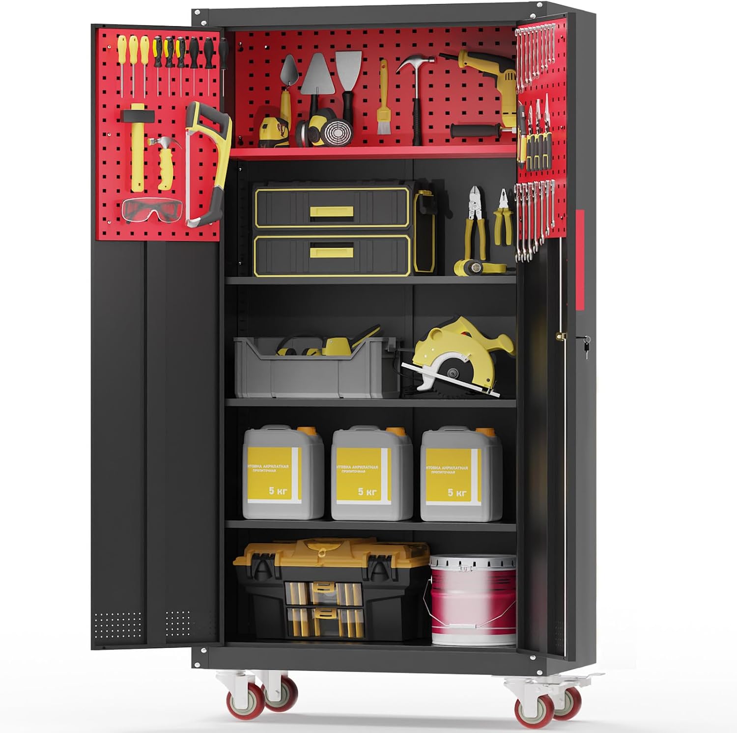 Metal Garage Storage Cabinet, Tall Garage Cabinets with 5 Adjustable Shelves, Steel Tool Storage Cabinet with Wheels,Lockable Heavy Duty Metal Cabinets for Home, Warehouse,Basement