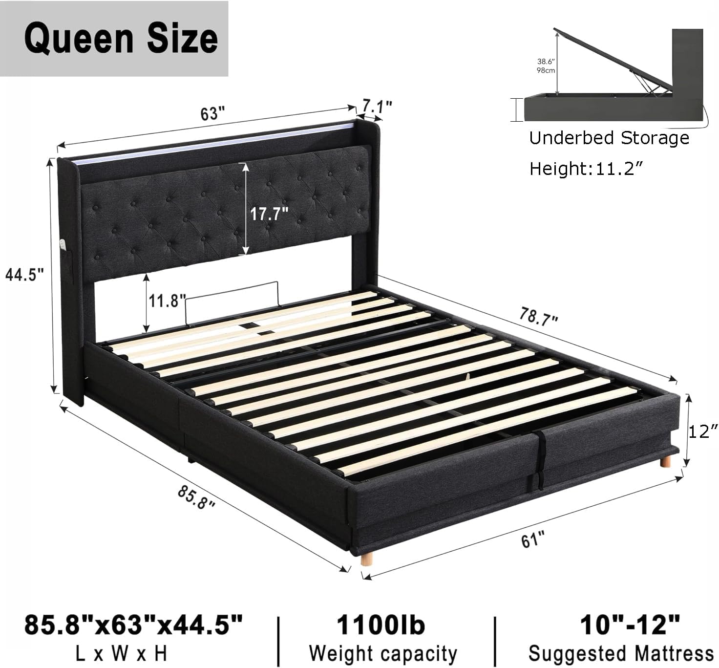 Lift Up Storage Bed Frame Queen Size with Charging Station & Led Lights, Black Upholstered Platform Bed with Wingback Storage Headboard with Pocket, Hydraulic Lift System,No Box Spring Needed