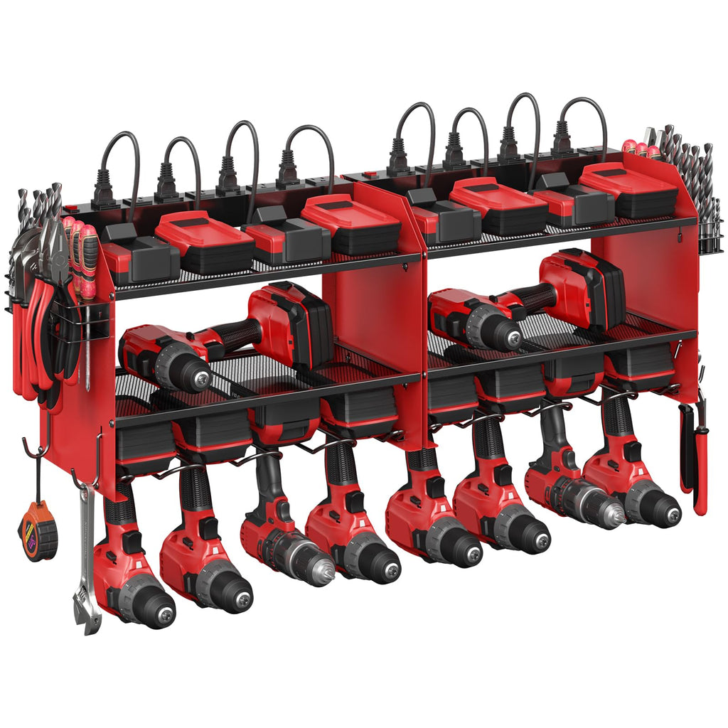 CCCEI Modular Power Tool Organizer Wall Mount with Charging Station. Garage 4 Drill Storage Shelf with Hooks, Screwdriver, Drill Bit Heavy Duty Rack, Tool Battery Holder Built in 8 Outlet Power Strip.