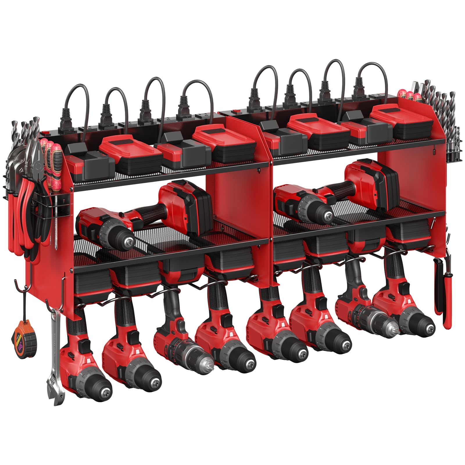 CCCEI Modular Power Tool Organizer Wall Mount with Charging Station. Garage 4 Drill Storage Shelf with Hooks, Screwdriver, Drill Bit Heavy Duty Rack, Tool Battery Holder Built in 8 Outlet Power Strip.