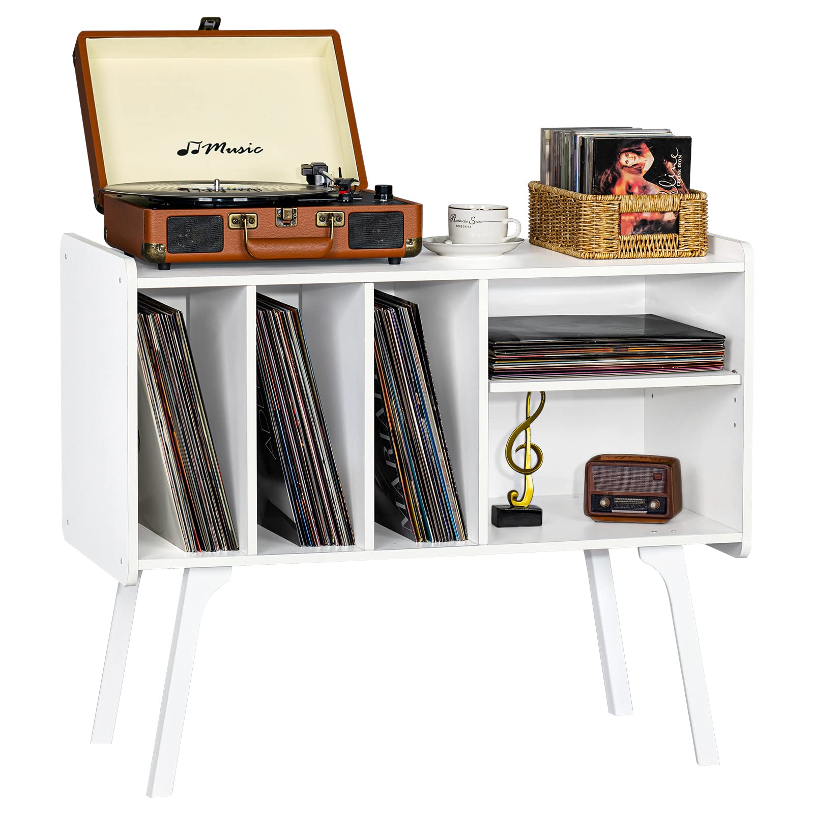 Lerliuo Record Player Stand with 4 Cabinet Holds Up to 220 Albums, Large Turntable Stand with Beech Wood Legs, Mid-Century Record Player Table,Brown Vinyl Holder Storage Shelf for Bedroom Living Room