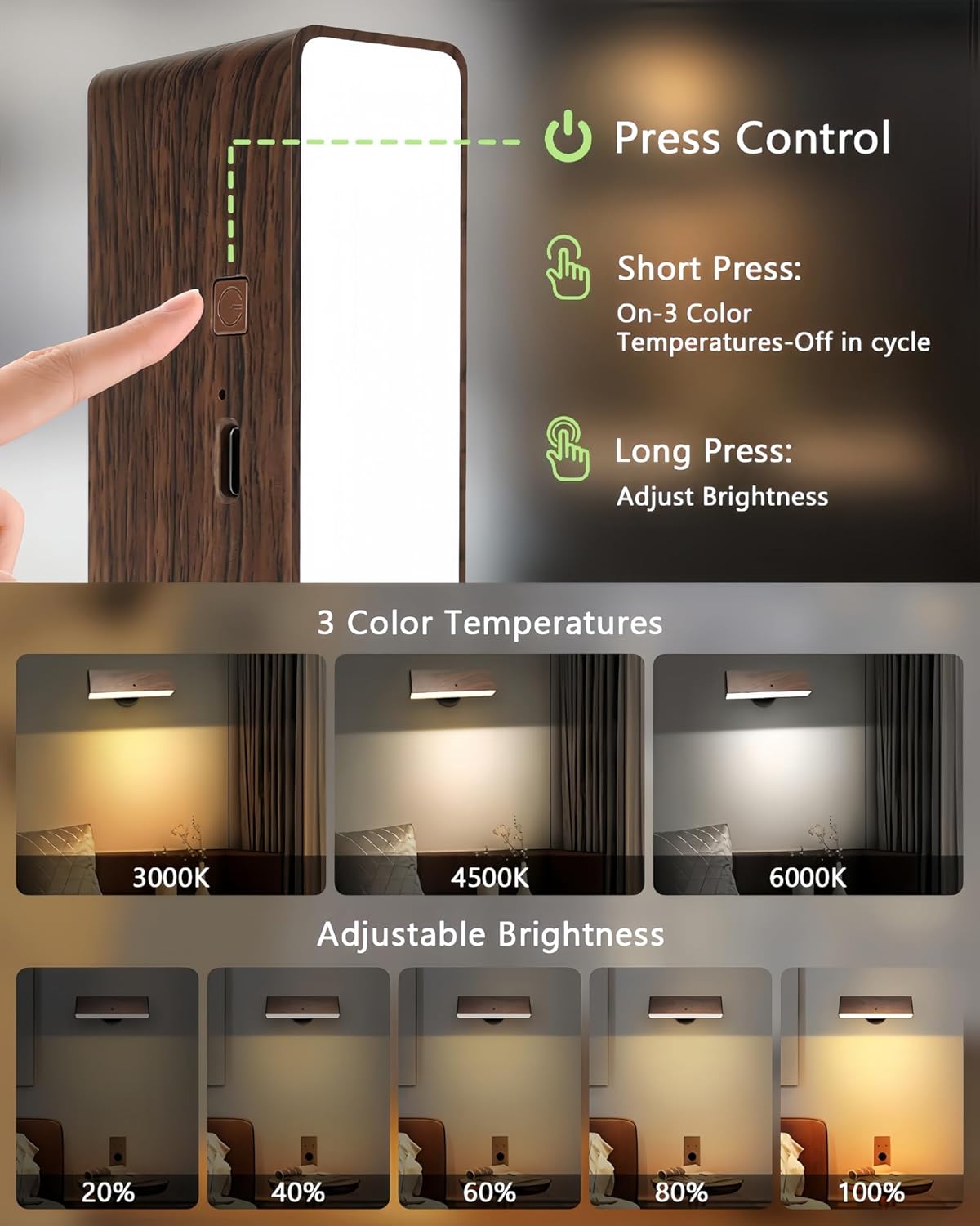 Battery Operated Wall Sconces Set of 2: Wireless Rechargeable Wall Light with Remote&Button, 360° Rotate Magnetic Scone Lighting LED Wall Mount Sconce Lamp for Bedroom Bedside Reading, Wood