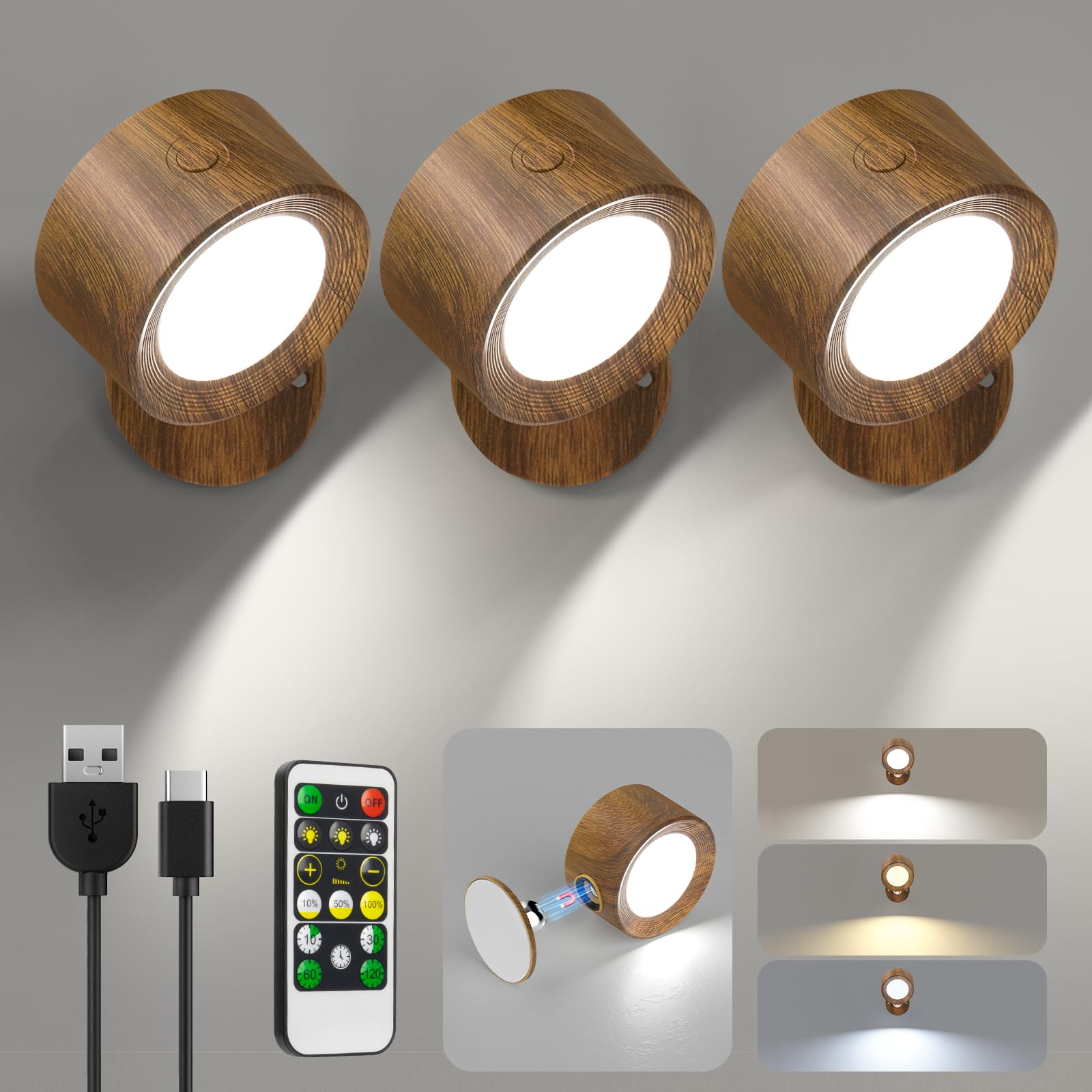 LED Wall Mounted Lights 3 Pcs with Remote, Wall Sconces Lamp 3000mAh Rechargeable Battery Operated, 3 Color Temperatures & Dimmable Magnetic 360° Rotation Cordless Light for Bedroom Bedside