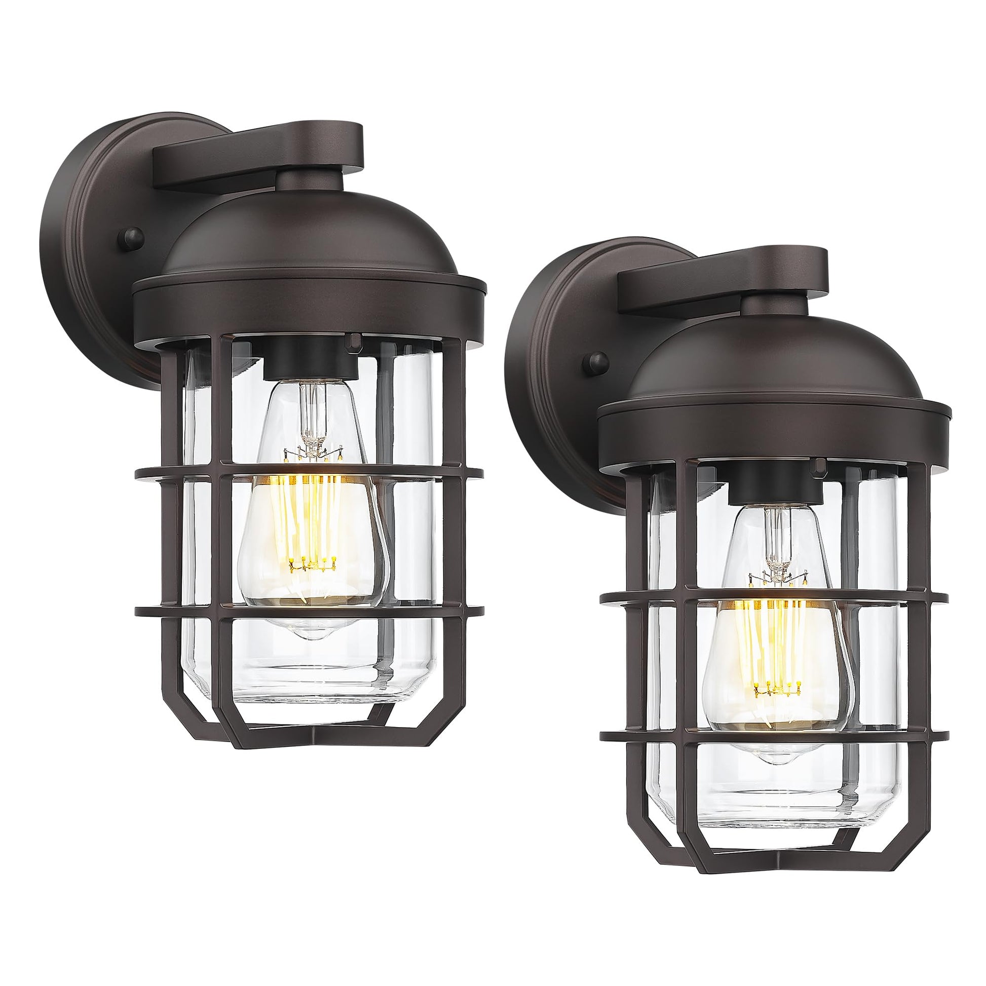 Emliviar Farmhouse Outdoor Wall Sconces, 2 Pack Vintage Exterior Light Fixtures with Nautical Metal Cage and Tempered Glass, Oil Rubbed Bronze Finish, GE255B-2PK ORB