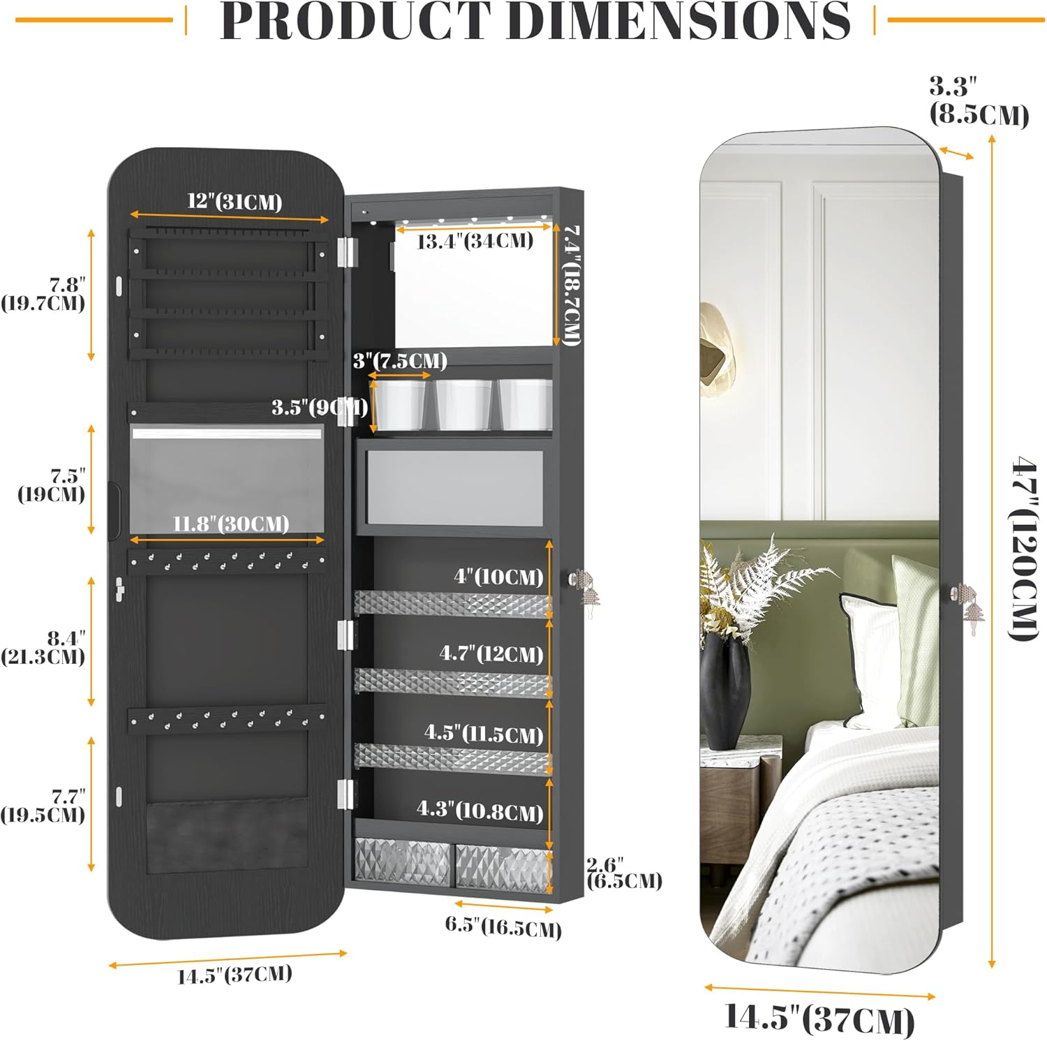Vlsrka 47.2" LED Mirror Jewelry Cabinet, Wall/Door Mounted Full Length Mirror with Storage, Lockable Jewelry Armoire with Mirror, Rounded Corner Hanging Mirror Jewelry Organizer, Black