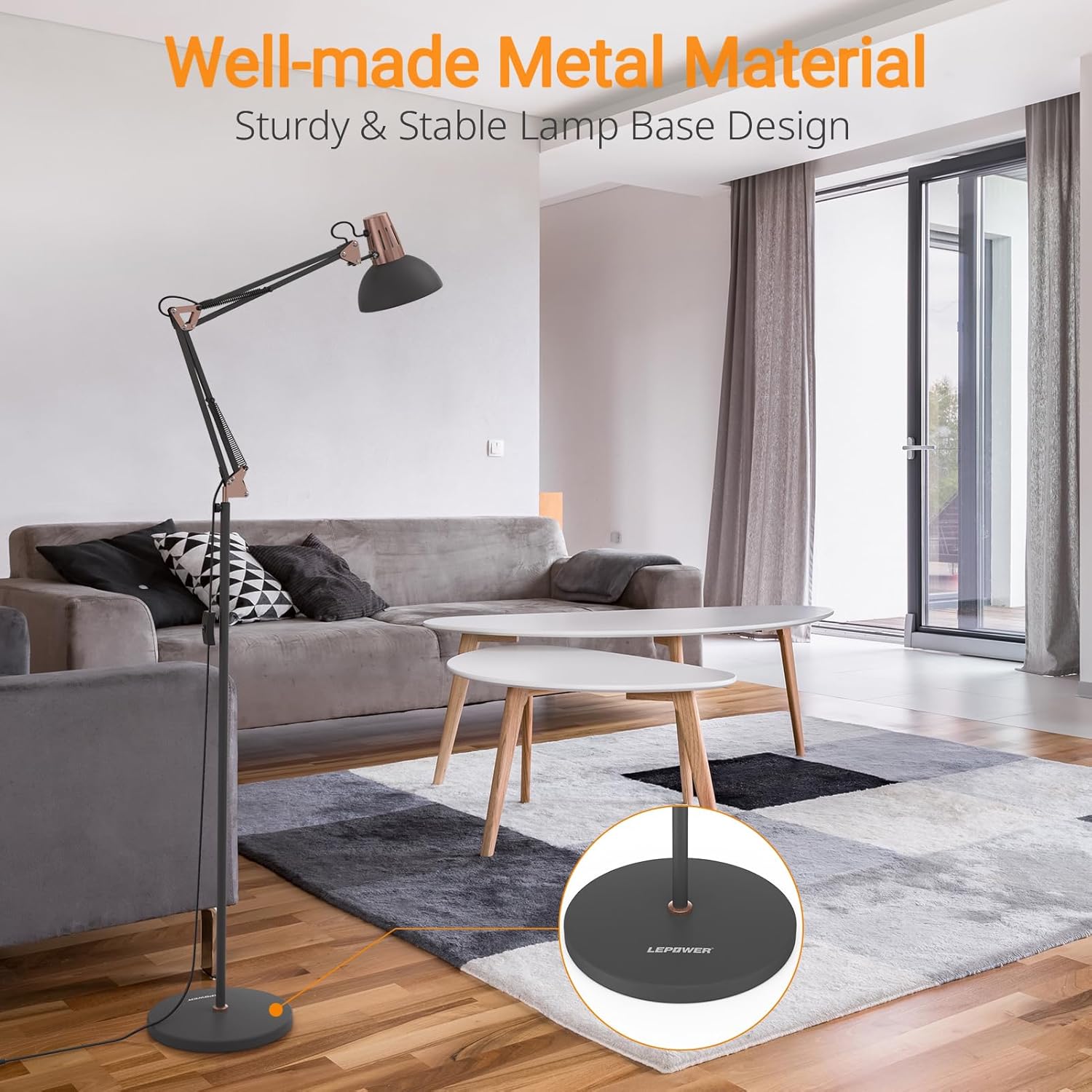 LEPOWER Floor Lamp, Metal Adjustable Reading Swing Arm Standing Lamp with Heavy Metal Base, Eye-Caring Reading/Pole Lamp with On/Off Switch for Living Room, Bedroom, Office Sand Black