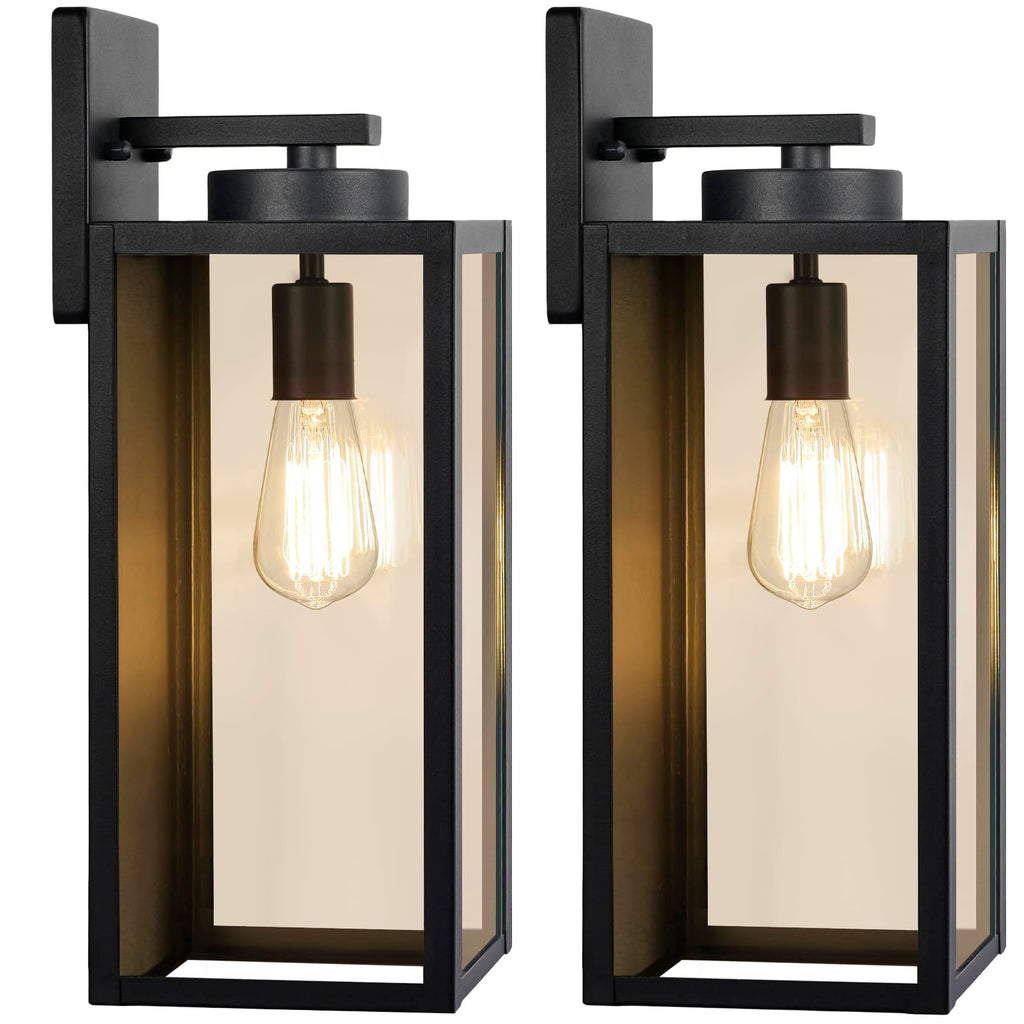 Outdoor Wall Light Fixtures, Exterior Waterproof Lanterns, Porch Sconces Wall Mounted Lighting with E26 Sockets & Glass Shades, Modern Matte Black Wall Lamps for Patio Front Door Entryway, 2-Pack