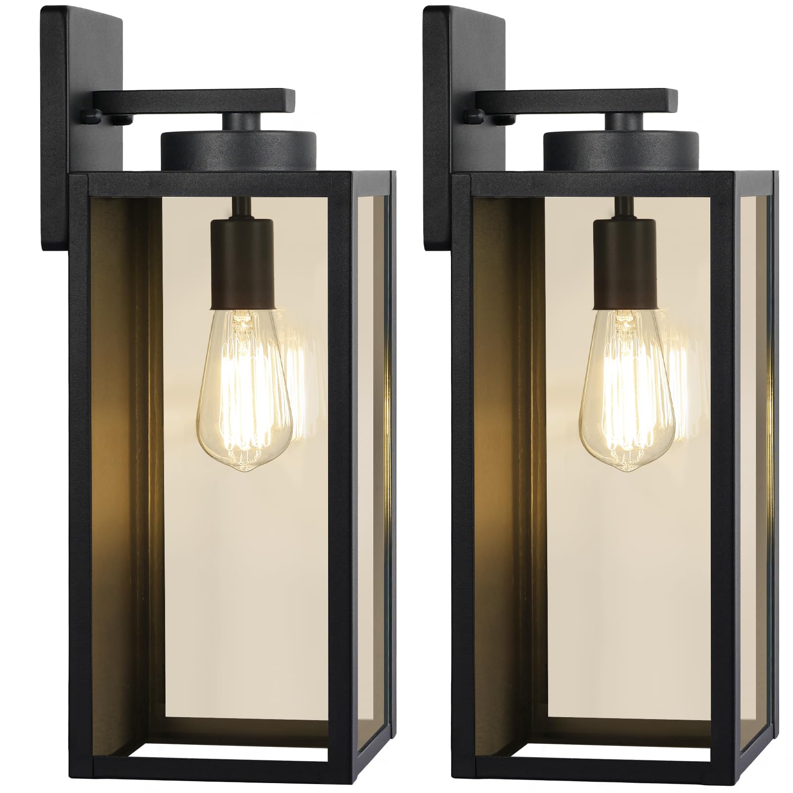 Outdoor Wall Light Fixtures, Exterior Waterproof Lanterns, Porch Sconces Wall Mounted Lighting with E26 Sockets & Glass Shades, Modern Matte Black Wall Lamps for Patio Front Door Entryway, 2-Pack