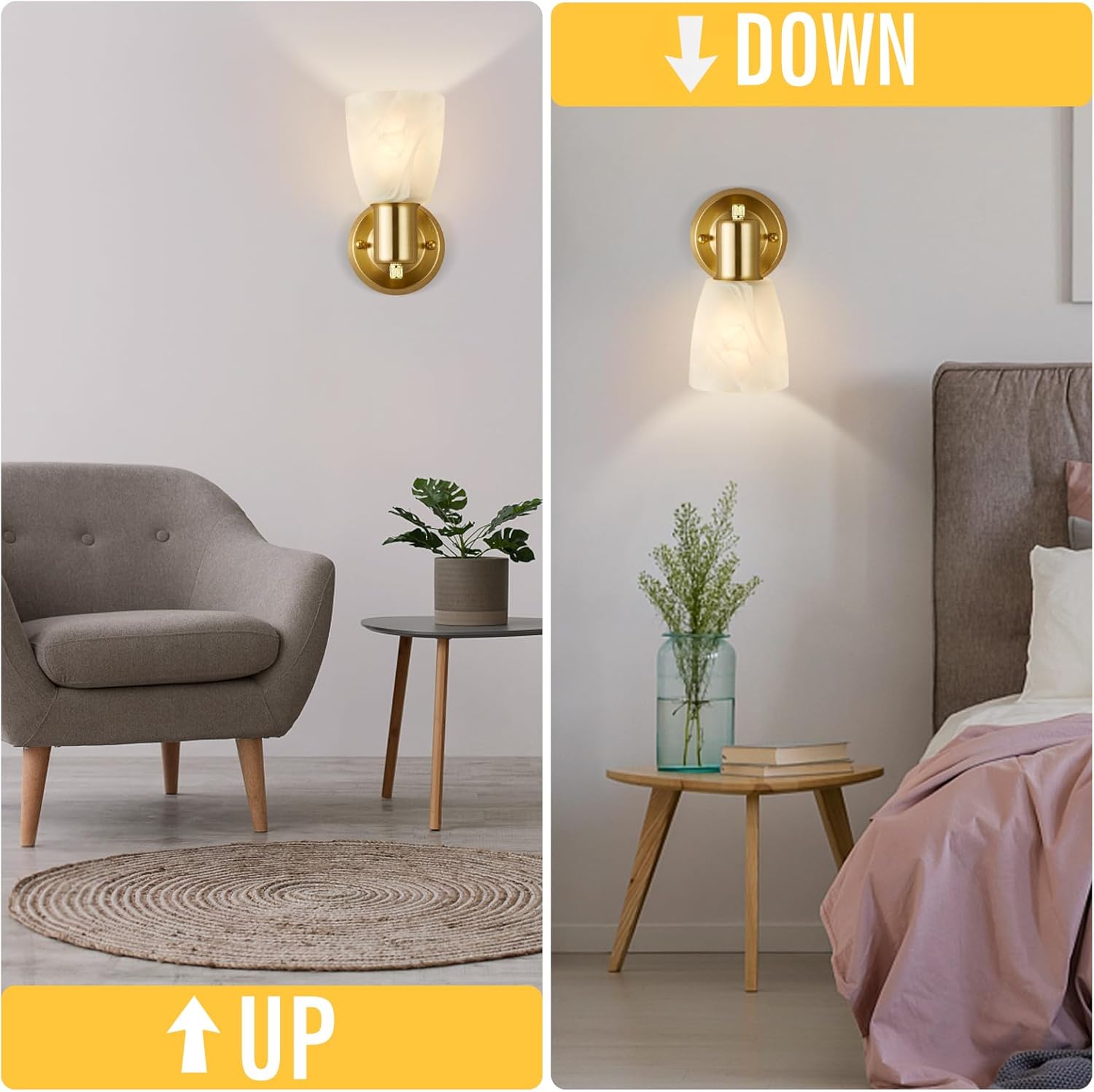 Wall Sconces Set of 2, Gold Vanity Lights for Bathroom, Modern Wall Light Fixtures with Rotary Switch, Wall Mount Light with Frosted Glass, Farmhouse Wall Lamp for Bedroom Living Room