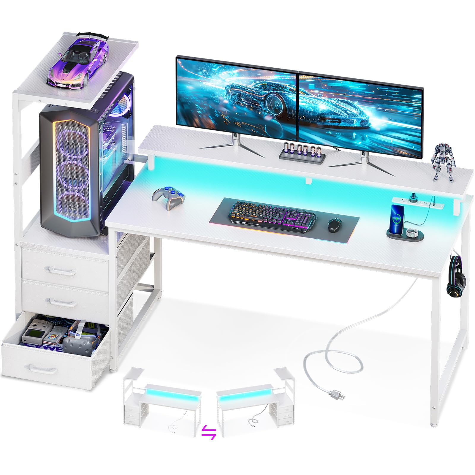AODK 59 Inch Gaming Desk with USB Charging Ports & LED Light- Reversible Computer Desk with Storage Shelves & Monitor Stand, Modern Gamer Desk Table with Fabric Drawers & Side Hook, Carbon Fiber Black