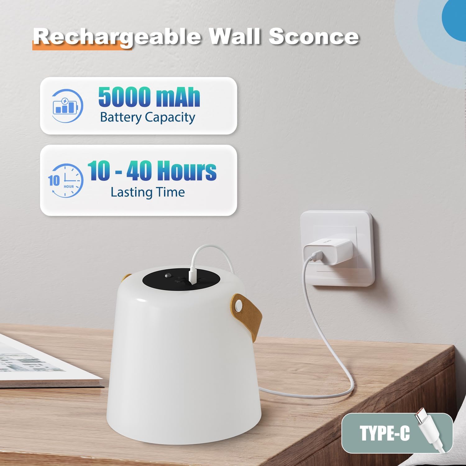 TACAHE Rechargeable Wall Sconce - Plastic Frosted Lampshade - 3 Color Temp & 5 Brightness - Remote Control - 5000 mAh Battery Operated - Cordless Wall Lamp for Camper, RV - Set of 2 (Black)