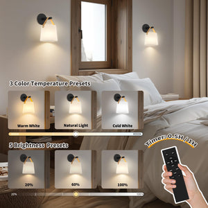TACAHE Rechargeable Wall Sconce - Plastic Frosted Lampshade - 3 Color Temp & 5 Brightness - Remote Control - 5000 mAh Battery Operated - Cordless Wall Lamp for Camper, RV - Set of 2 (Black)