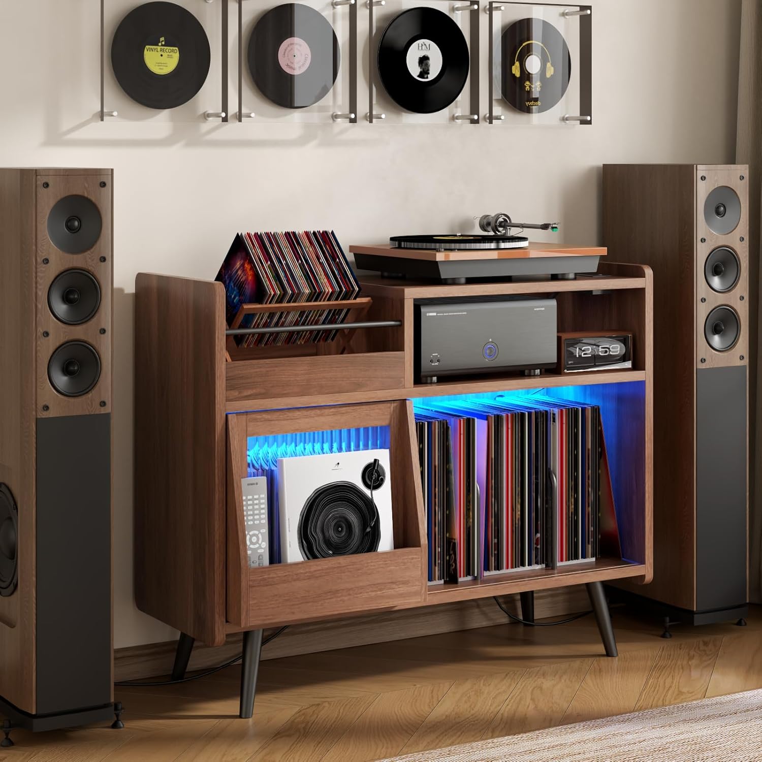 Large Record Player Stand,Turntable Stand Shelf with with Power Outlet and LED Light,Vinyl Record Storage Cabinet Up to 350 Albums, Wood Record Player Holder Table for Living Room