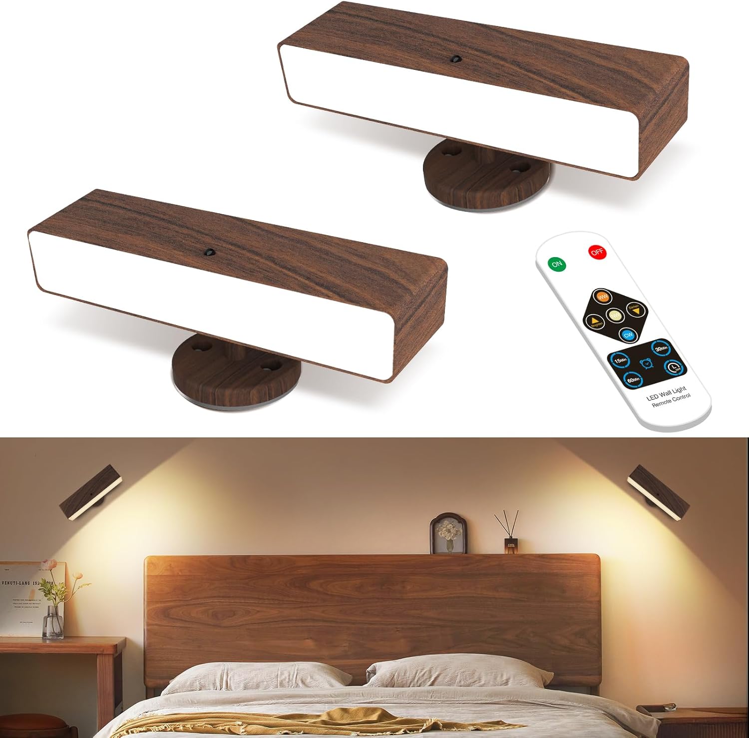 Battery Operated Wall Sconces Set of 2: Wireless Rechargeable Wall Light with Remote&Button, 360° Rotate Magnetic Scone Lighting LED Wall Mount Sconce Lamp for Bedroom Bedside Reading, Wood