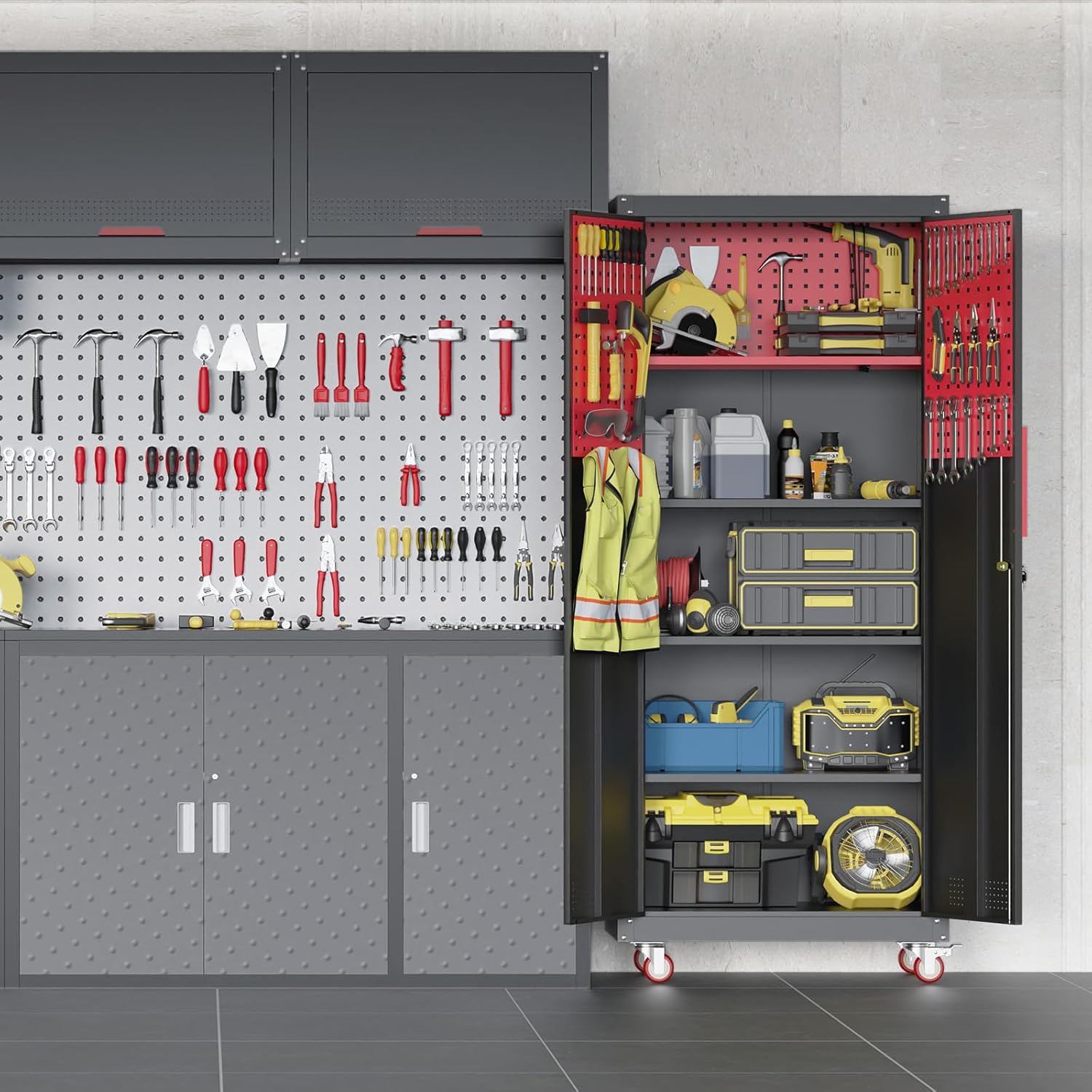 Metal Garage Storage Cabinet, Tall Garage Cabinets with 5 Adjustable Shelves, Steel Tool Storage Cabinet with Wheels,Lockable Heavy Duty Metal Cabinets for Home, Warehouse,Basement