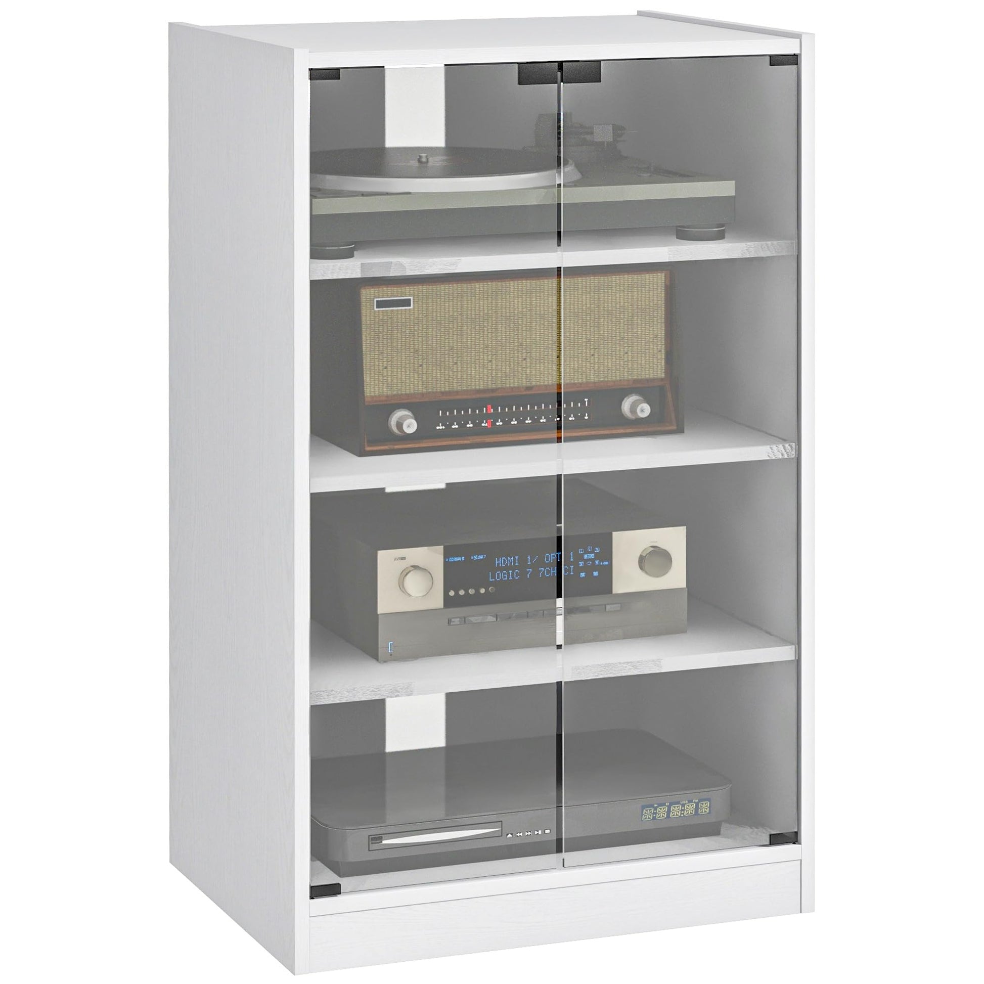 HOMCOM Media Cabinet, 4-Tier Stereo Cabinet, Record Player Stand with Vinyl Record Storage, Adjustable Shelves, Tempered Glass Doors and Cable Management, Distressed Black