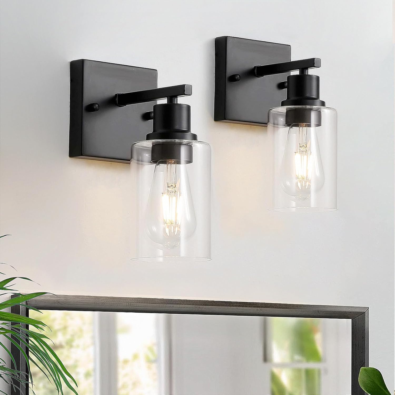 Hallway Wall Sconces Set of 2,Farmhouse Modern Wall Lights Bathroom Matte Black Vanity Lights fixtures with Glass Shade, Hallway Wall Lights for Bedroom,Living Room