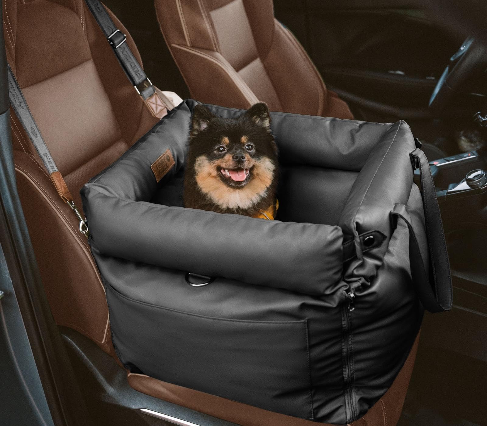 FUNNYFUZZY Leather Dog Car Seat for Small ＆ Medium Sized Dogs Up to 35lbs, Waterproof and Washable Dog Booster Seat Car Bed for Travel and Home,Portable and Safety(Green)