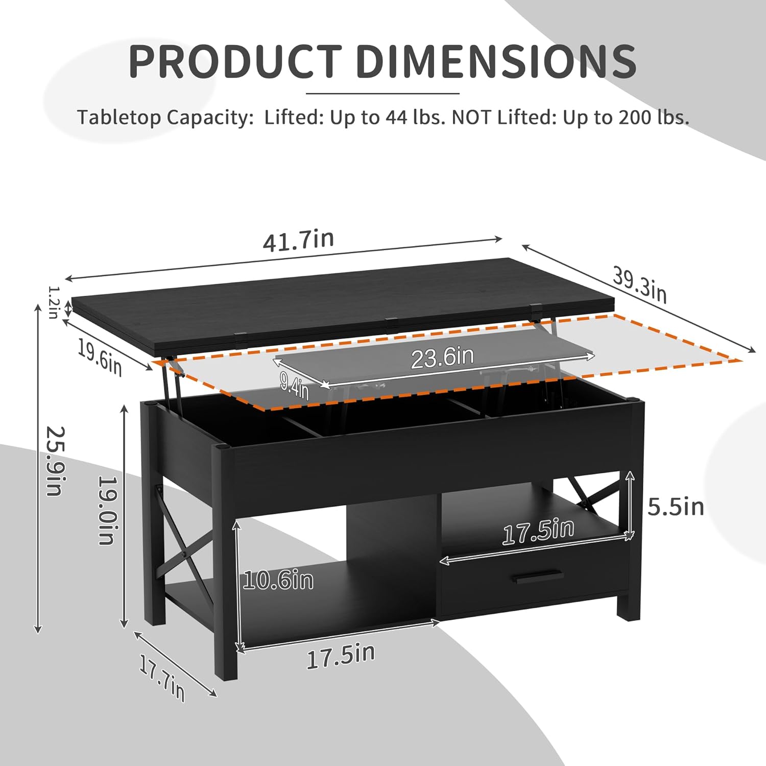 Lift Top Coffee Table with Storage, Convertible Coffee Table Converts to Dining Table, Farmhouse Coffee Tables with Lifting Top, Center Table for Living Room with Drawer and Hidden Compartment, Black