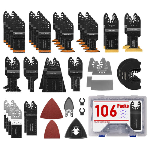 Adust 106 Pack Oscillating Saw Blades with Case, Universal Multitool Blades, Oscillating Tool Blade, Curved Blade/Extra Long/Titanium/Bi-Metal for Wood/Metal/Plastic Fit Dewalt Milwaukee Ryobi