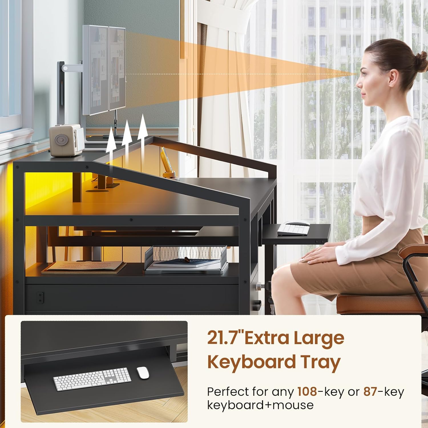 SEDETA 63" Computer Desk, Office Desk with Lockable Drawers for Legal/Letter File, Gaming Desk with LED Lights & Power Outlet, Home Office Desks with Storage, Black