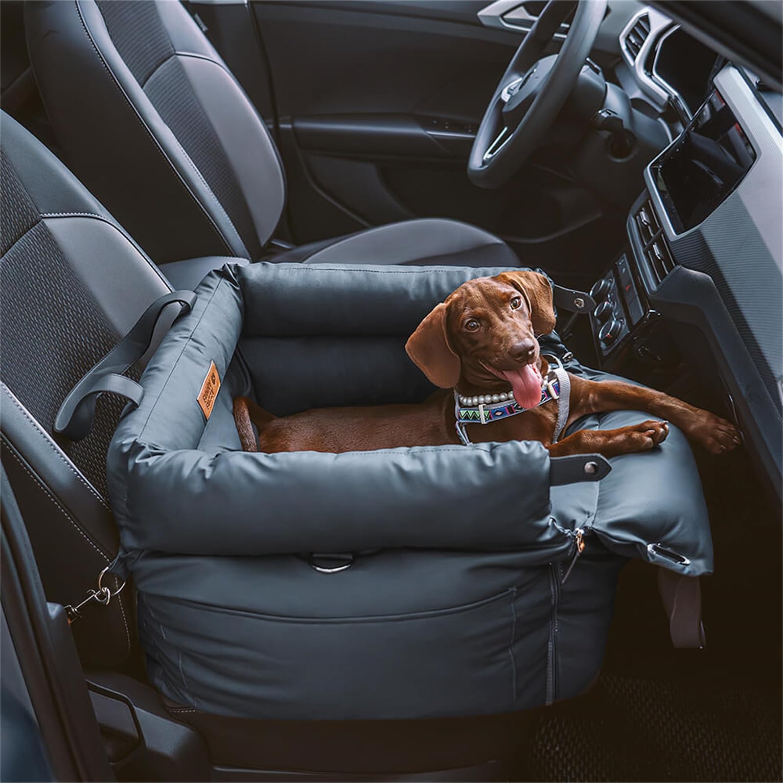 FUNNYFUZZY Leather Dog Car Seat for Small ＆ Medium Sized Dogs Up to 35lbs, Waterproof and Washable Dog Booster Seat Car Bed for Travel and Home,Portable and Safety(Green)