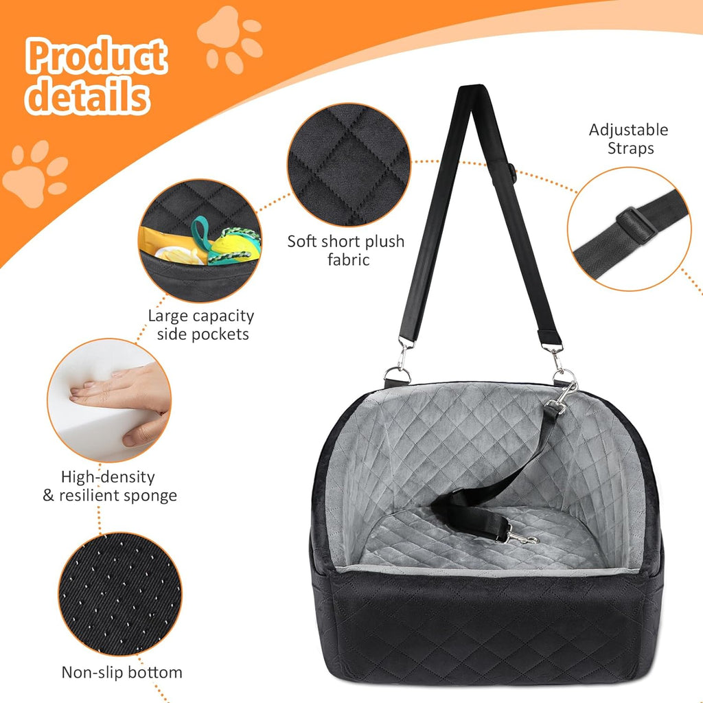 Dog Car Seat for Small Dogs,Detachable Washable Dog Booster Seat Under 30lbs, Pet Car Seat Travel Bed with Storage Pockets and Dog Safety Belt (Black/Grey)