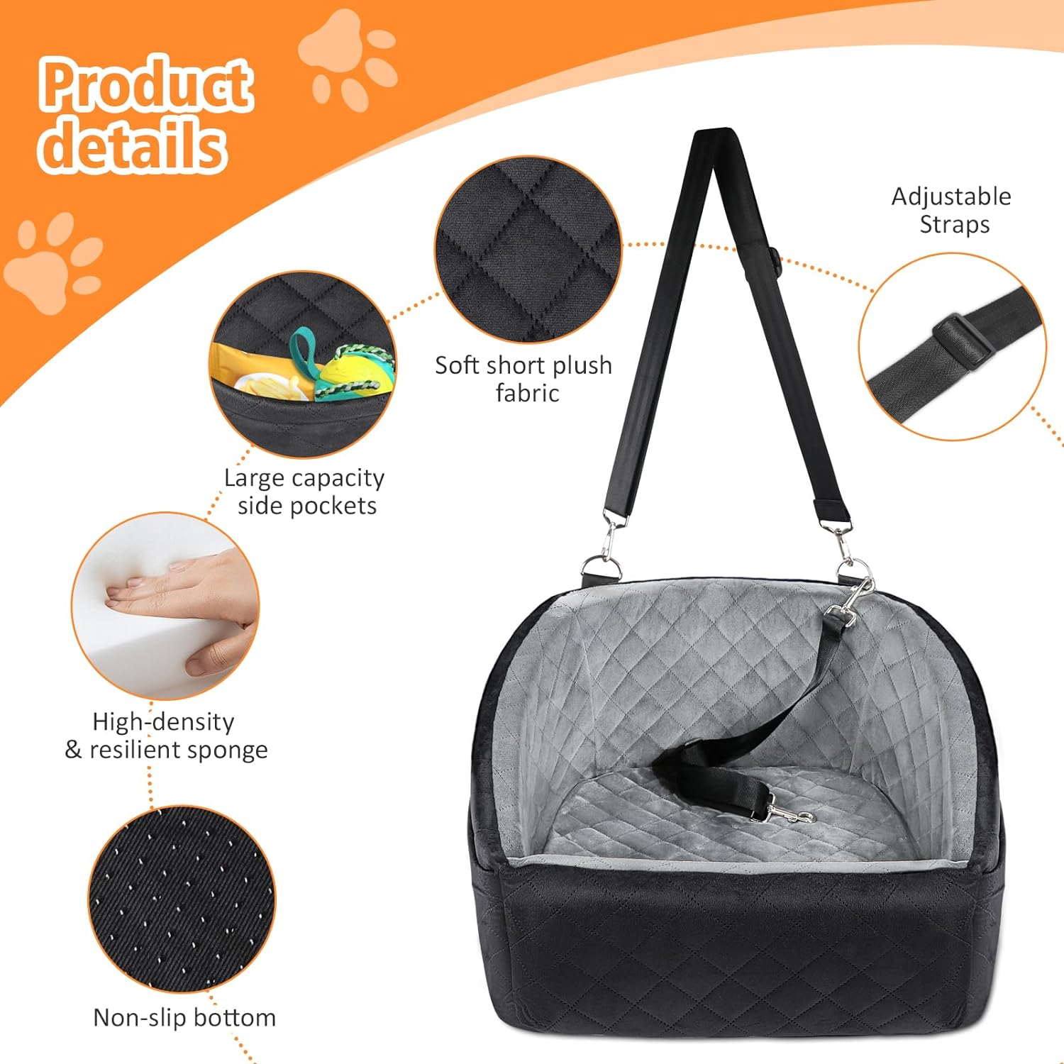 Dog Car Seat for Small Dogs,Detachable Washable Dog Booster Seat Under 30lbs, Pet Car Seat Travel Bed with Storage Pockets and Dog Safety Belt (Black/Grey)