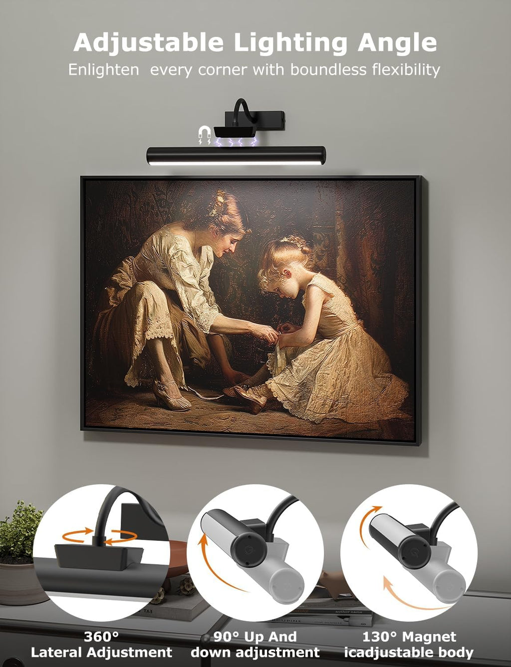 16in Wireless Picture Light with Remote, Battery Operated Picture Lights for Wall 5000mAh, 3 Color Modes and Dimmable LED Art Lighting with Timer for Painting, Frame, Gallery, Bedroom (Black-2Pack)