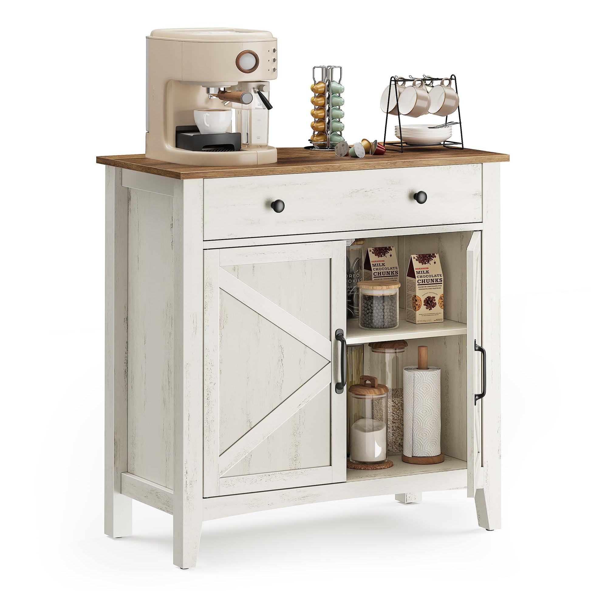 VASAGLE LIRY Collection - Buffet Cabinet, Coffee Bar Cabinet with 2 Drawers, Adjustable Shelves, Sideboard Storage with Cable Holes, Drawer Dividers, Rustic White and Honey Brown UBBK381W01