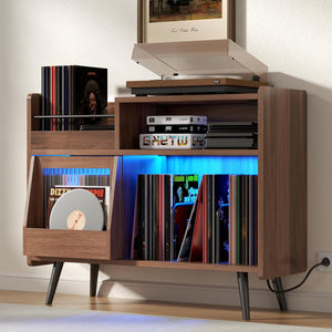 Large Record Player Stand,Turntable Stand Shelf with with Power Outlet and LED Light,Vinyl Record Storage Cabinet Up to 350 Albums, Wood Record Player Holder Table for Living Room