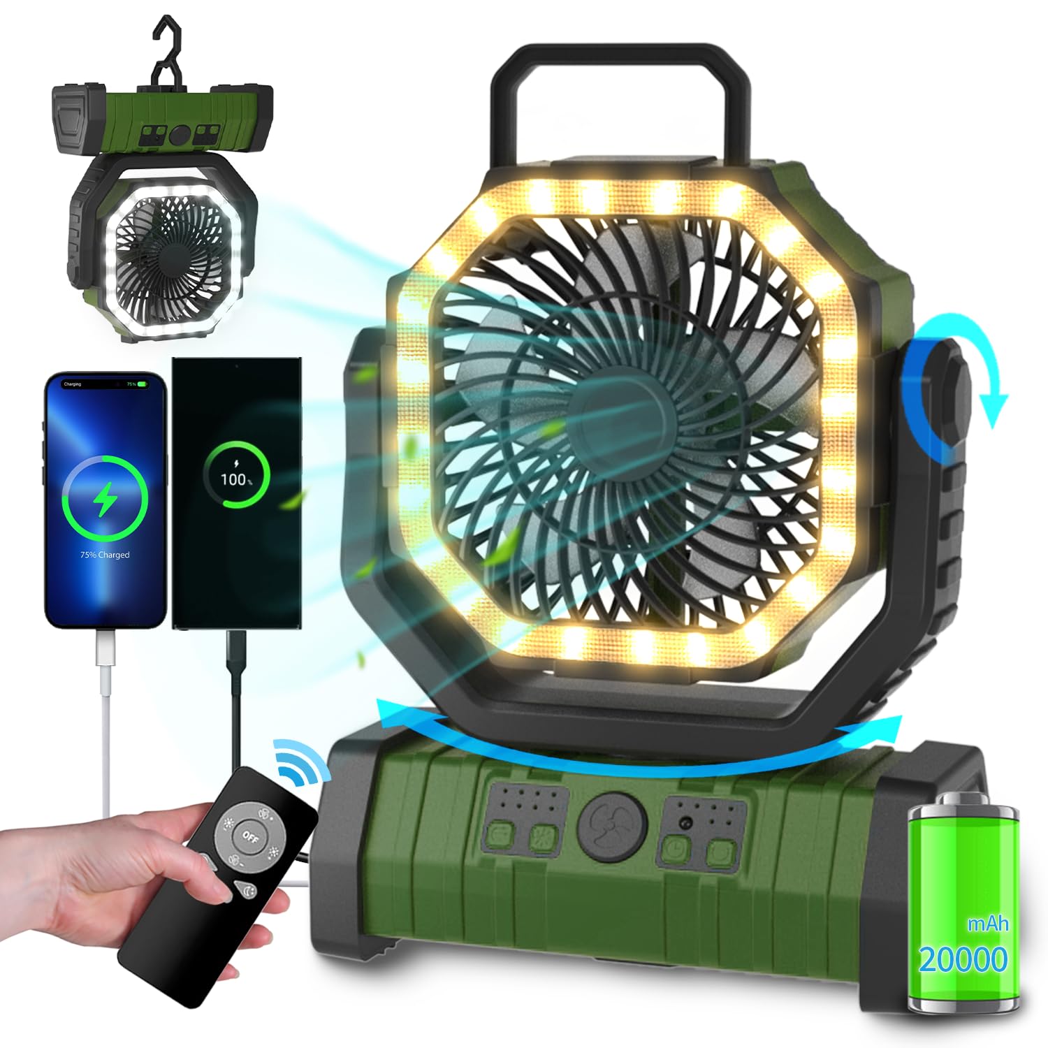ADUST Portable Battery Powered Operated Fan with LED Lantern Light Cordless 20000mAh Rechargeable Camping Fan for Tents, 4 Speeds, Auto Oscillating, 270° Rotation 360° Hanging Hook, Desk Fan(Orange)