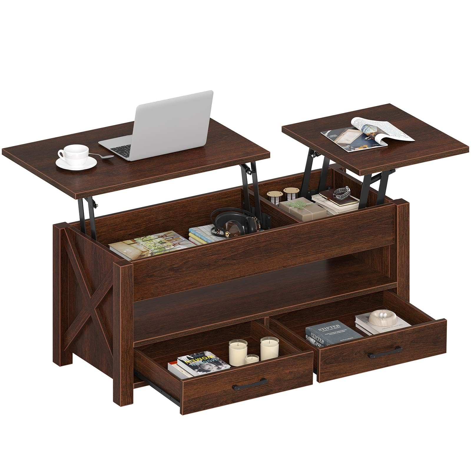 Seventable Coffee Table, 47.2" Lift Top Coffee Table with 2 Storage Drawers and Hidden Compartment, Farmhouse Center Table with Wooden Lift Tabletop, for Living Room,Rustic Brown