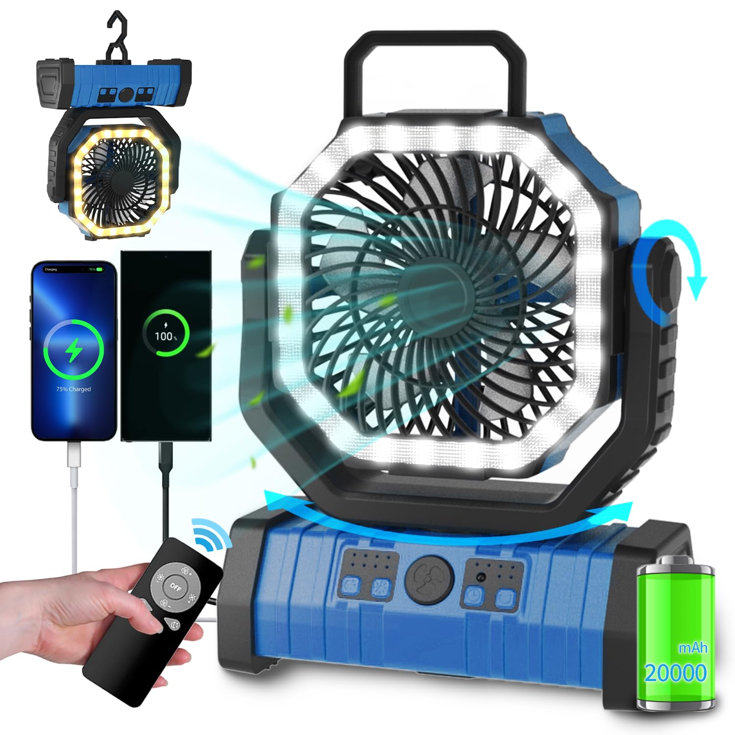 ADUST Portable Battery Powered Operated Fan with LED Lantern Light Cordless 20000mAh Rechargeable Camping Fan for Tents, 4 Speeds, Auto Oscillating, 270° Rotation 360° Hanging Hook, Desk Fan(Orange)