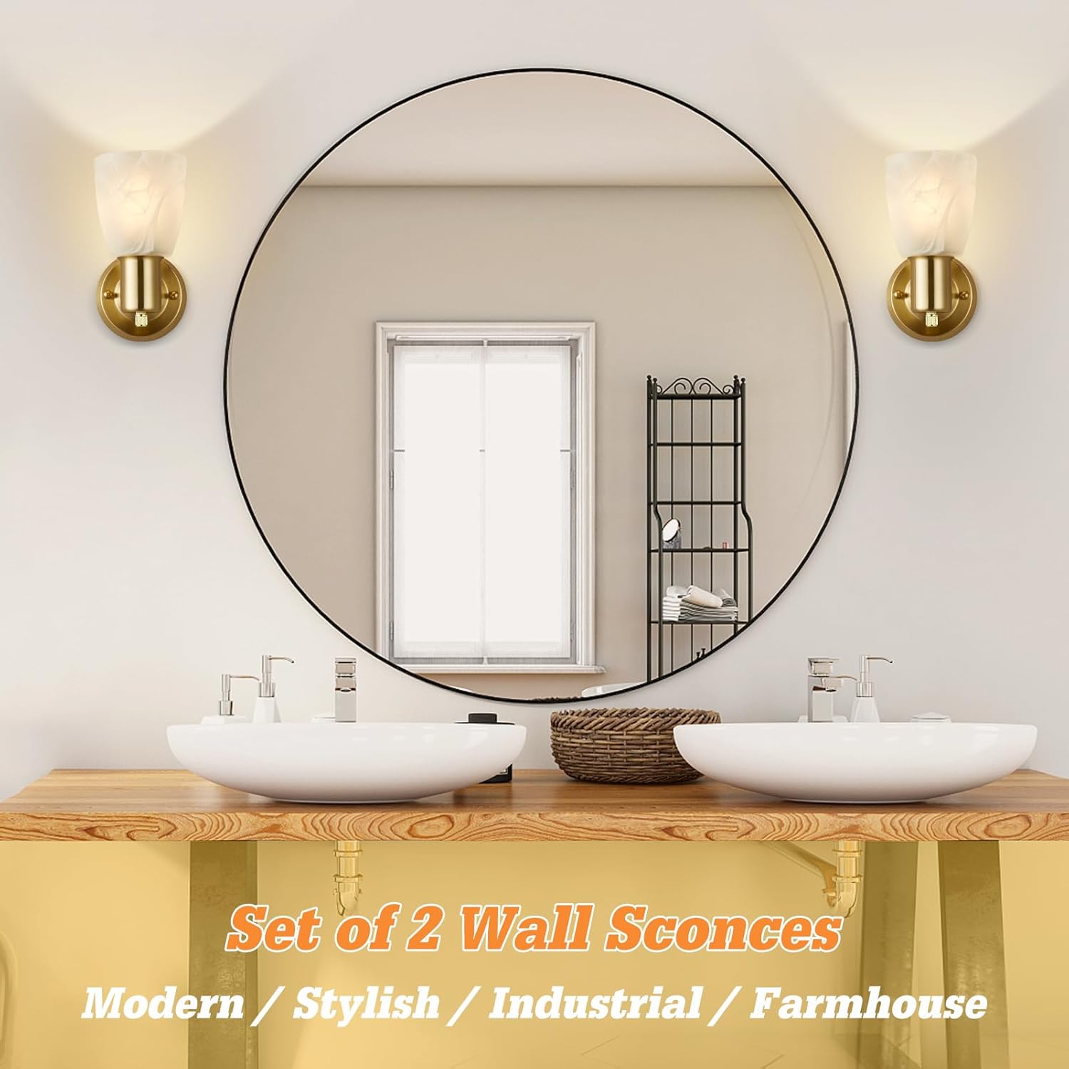 Wall Sconces Set of 2, Gold Vanity Lights for Bathroom, Modern Wall Light Fixtures with Rotary Switch, Wall Mount Light with Frosted Glass, Farmhouse Wall Lamp for Bedroom Living Room