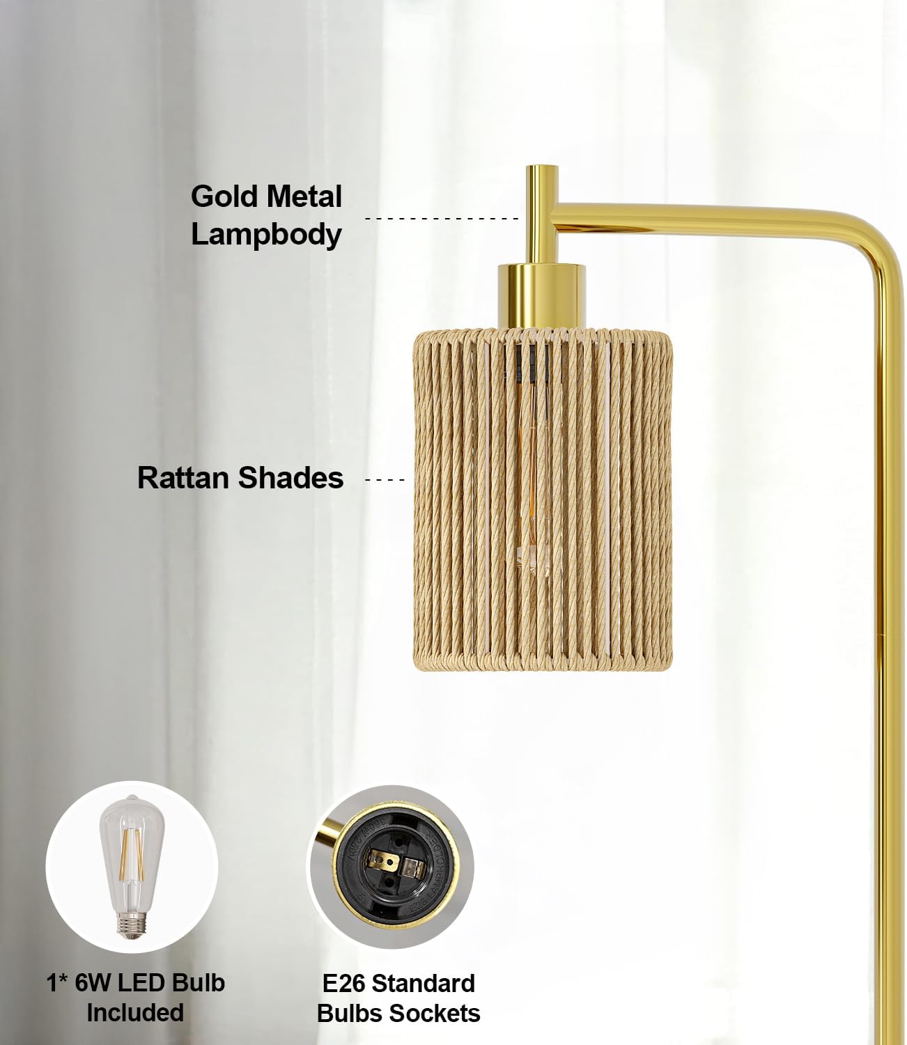 Oneach 66" Gold Floor Lamp for Living Room, Boho Floor Lamp with LED Bulb, Foot Switch, Rattan Shade, Industrial Tall Farmhouse Standing Lamp for Bedroom, Dining Room, Study Room, Office