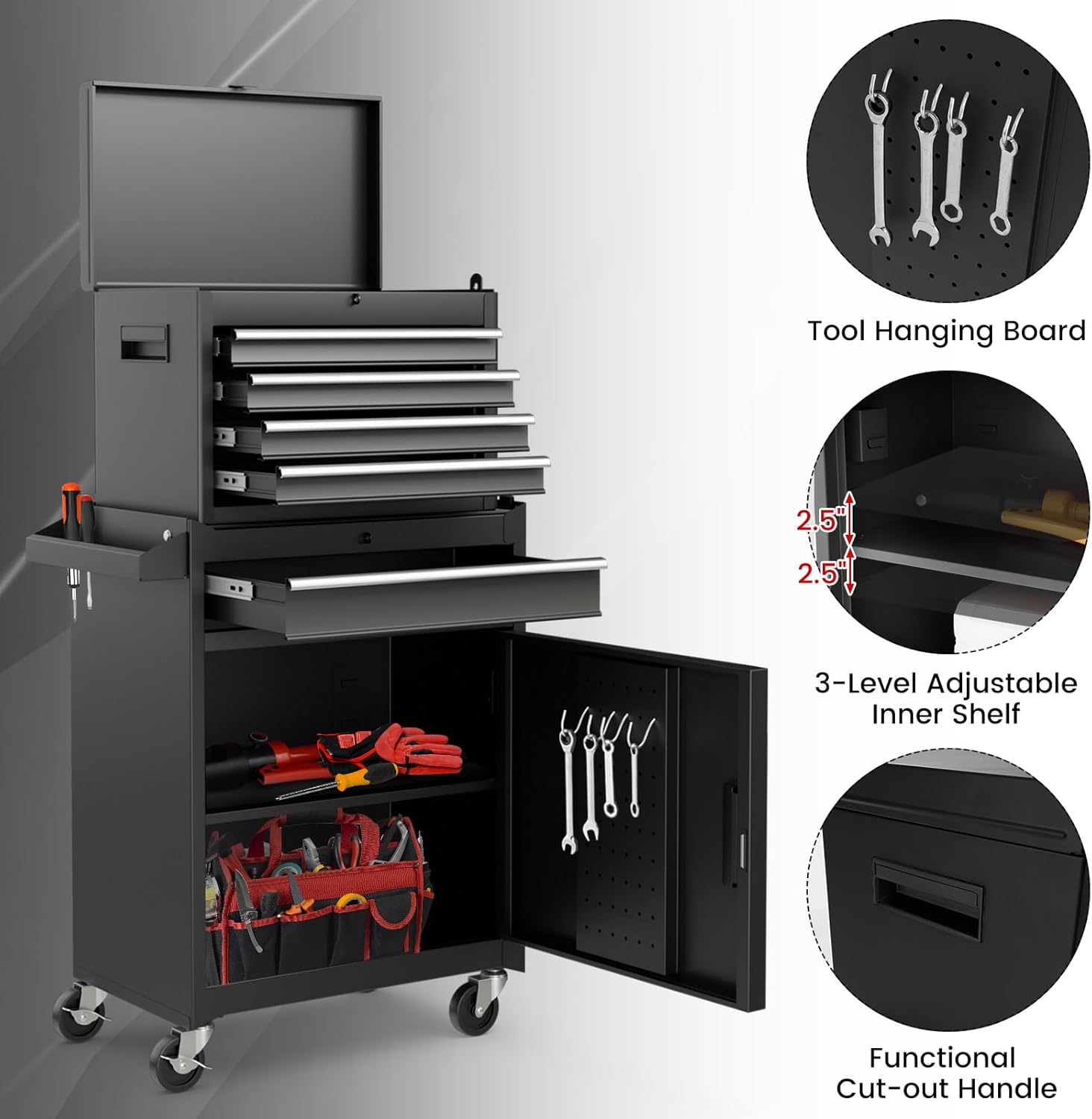 Goplus 5-Drawer Rolling Tool Chest, Tool Storage Box, Removable Tool Cabinet, Sliding Metal Organizer w/Lockable Drawers (Classic Black)