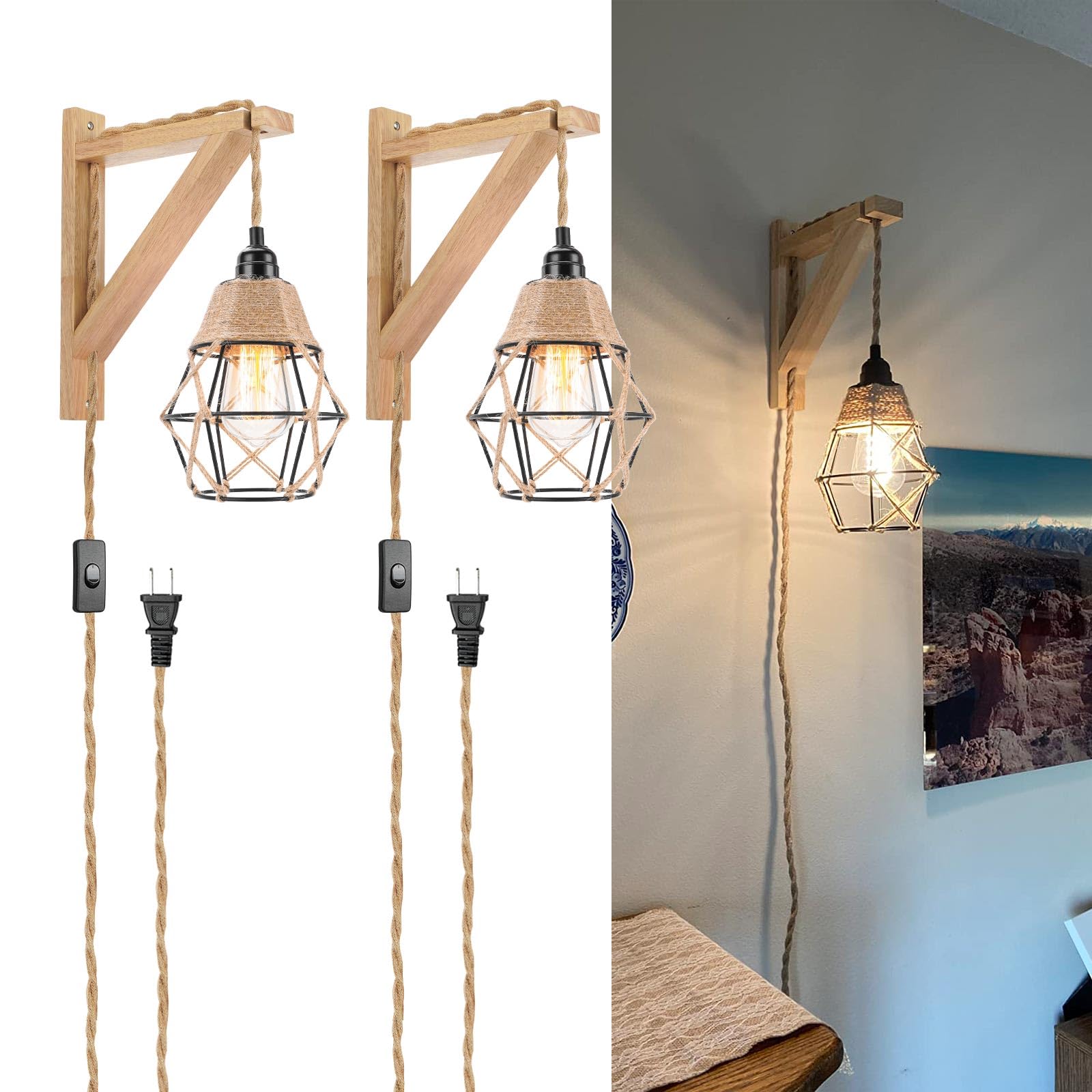 Frideko Wall Lamp with Plug in Cord - Plug in Wall Sconces, Farmhouse Hanging Lamps That Plug into Wall Outlet, Rustic Wall Mount Lamp with Wood Shelf Bracket & Switch Cord for Living Room, Bedroom