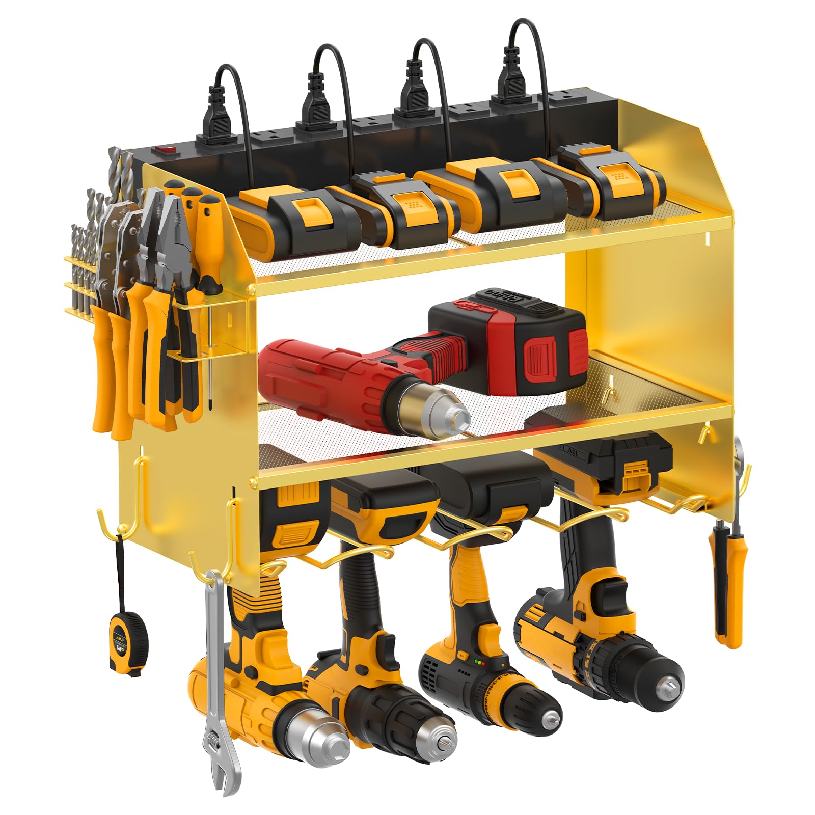 CCCEI Modular Power Tool Organizer Wall Mount with Charging Station. Garage 4 Drill Storage Shelf with Hooks, Screwdriver, Drill Bit Heavy Duty Rack, Tool Battery Holder Built in 8 Outlet Power Strip.