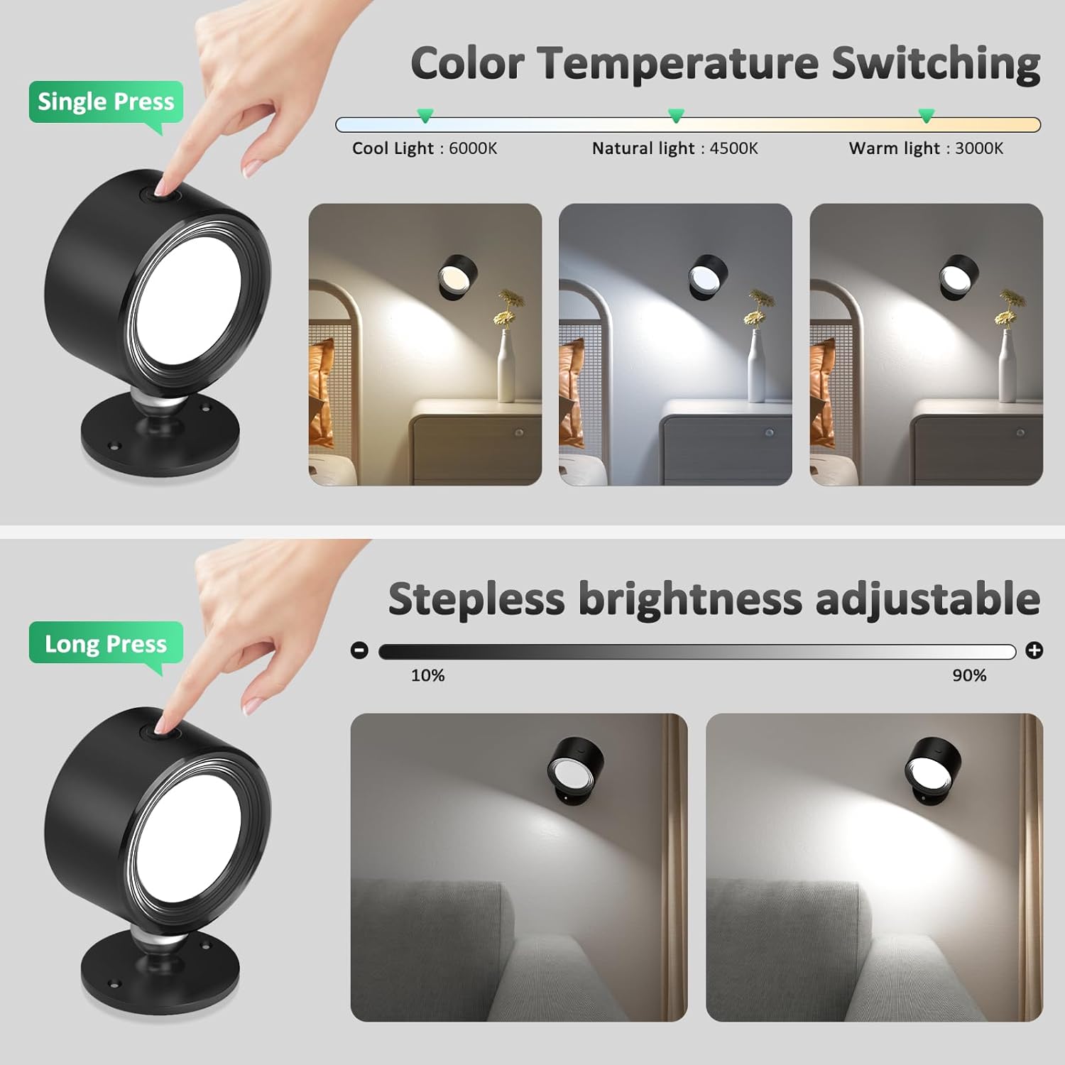 LED Wall Mounted Lights 3 Pcs with Remote, Wall Sconces Lamp 3000mAh Rechargeable Battery Operated, 3 Color Temperatures & Dimmable Magnetic 360° Rotation Cordless Light for Bedroom Bedside