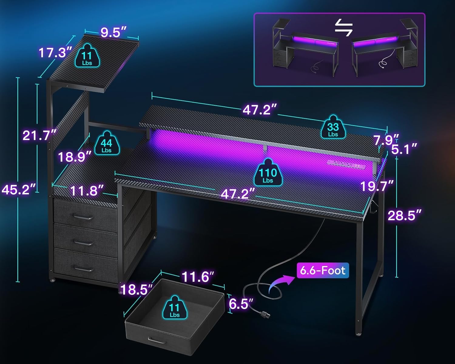 AODK 59 Inch Gaming Desk with USB Charging Ports & LED Light- Reversible Computer Desk with Storage Shelves & Monitor Stand, Modern Gamer Desk Table with Fabric Drawers & Side Hook, Carbon Fiber Black